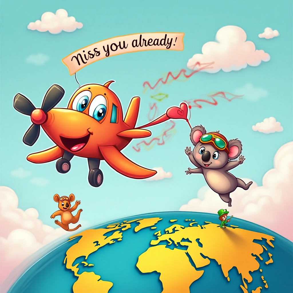 A plane flying from Australia to Ireland, A long ribbon with a tag on the on the end swirling out of the plane. The tag must say miss you already, A koala , and Farewell Card