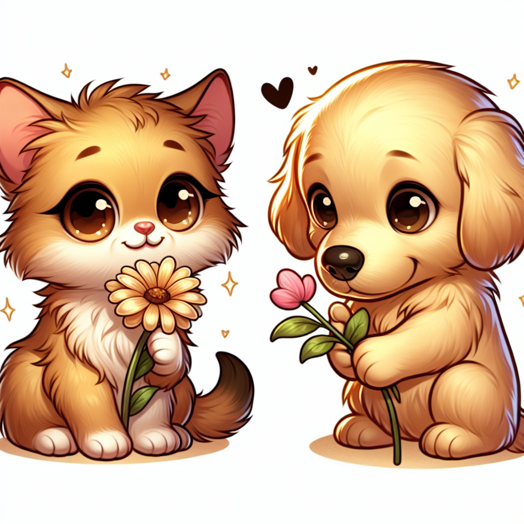 Create an adorable cartoon showcasing a fluffy golden-furred kitten with soulful brown eyes and a lovely golden retriever with a normal build and soulful brown eyes, expressing gratitude in their unique way. The kitten exudes happiness as it purrs and tenderly holds a beautiful flower in its small paw as a gift. On the other hand, the golden retriever gently places its paw on the kitten's body, signifying its fondness and thankfulness. This scene is a beautiful representation of silent but heartfelt messages of gratitude.
.
Made with ❤️ by AI.