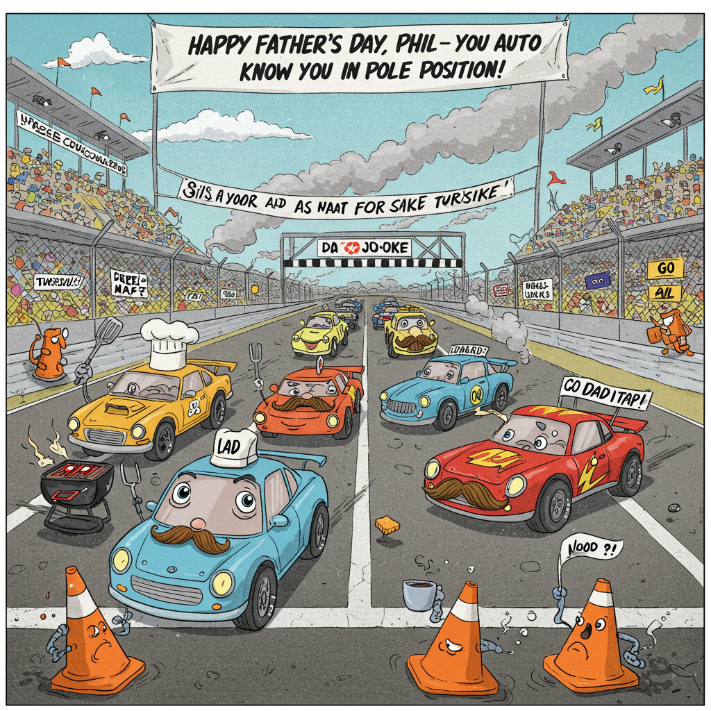 **Image Prompt:**

At the top of the illustration image: *"Happy Father’s Day, Phil – You Auto Know You’re in Pole Position!"*

Create a humorous illustrated scene set at a zany race track. Instead of human drivers, a team of quirky, cartoon-style race cars with expressive eyes and mustaches are lined up at the starting line. Each car represents a "Dad-type" stereotype — one is wearing BBQ tongs and a chef’s hat on the roof, another has socks with sandals for wheels, and one has a golf club spoiler. A pit crew of confused traffic cones holds mugs of coffee, looking stressed. Smoke, tire tracks, and banners flutter overhead, with humorous signs like “Pit Stop for Naps” and “Dad Joke Turnpike.” The background includes grandstands full of screaming engine oil cans waving tiny flags that say "GO DAD!" The color palette is bright and bold, with lots of comic-style exaggeration.
Generated with these themes: Cars, and Racing.
Made with ❤️ by AI.