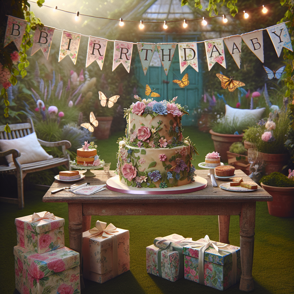 Generate an image of a birthday scene set in an enchanting garden in Essex. The scene should feature a balance between realistic charm and whimsical touches, adorned with a soft pastel-colored palette. Include beautifully crafted decorations that mimic the natural surroundings. Central to the image should be a delicately crafted fondant cake, designed to resemble a stack of floral-topped presents, positioned on a rustic wooden table. Illuminate the scene with subtle fairy lights woven through the foliage, casting a warm glow over the garden. Add features of realism with butterflies fluttering among hand-painted floral bunting, embodying the live spirit of the garden in celebration of another joyful year.
Generated with these themes: Essex .
Made with ❤️ by AI.
