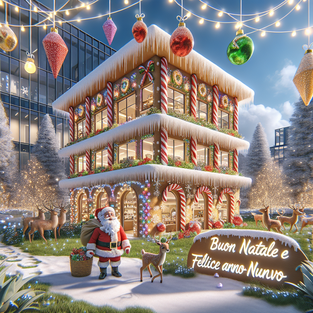 In this festive illustration, the Montuori Multiservices building is transformed into a gingerbread house with candy cane columns and a frosting-coated roof. Santa Claus is pictured tending to the garden, which is filled with oversized red and green ornaments, while reindeer peek out from behind the building. Strings of lights lead the eye to the warmly lit sign that proclaims 'BUON NATALE E FELICE ANNO NUOVO' at the center of the scene.
Generated with these themes: Montuori Multiservices, Building , and Garden.
Made with ❤️ by AI.