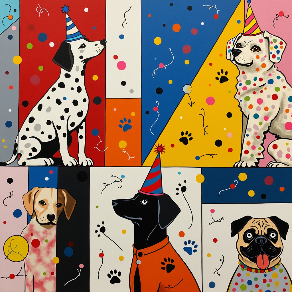 In the center of the card, there's an abstract kaleidoscope of vibrant geometric shapes reminiscent of Piet Mondrian, but with a whimsical twist. Instead of solid squares and rectangles, each shape contains elements from the dog world. A red square features a Dalmatian with colorful spots that explode like Jackson Pollock's splatters. Adjacent to this, a blue rectangle houses a Poodle balancing a birthday cake on its head, each layer of the cake reflecting the structured, horizontal lines of Agnes Martin's minimalist approach, but in candy-colored hues.

In the top left corner, there's a swirling mass of curvy lines inspired by Willem de Kooning, forming an energetic, almost chaotic gathering of abstracted dachshunds and terriers, their bodies merging and overlapping. These lines are interspersed with small bone shapes, some filled with Rothko-like gradient color blocks in shades of pink and orange, creating a sense of depth and texture.

To the right, a large yellow triangle stands tall, with a birthday hat-wearing Golden Retriever at its apex. The dog’s fur is rendered in a style inspired by Gerhard Richter, with soft, blurred strokes giving it an ethereal, almost dreamlike quality. Around the triangle, Cy Twombly-esque scribbles meander, representing leashes and trails of confetti, looping and intersecting.

The bottom half of the card features a playful homage to Joan Miró, with organic, abstract shapes and bold lines creating whimsical dog toys - balls, frisbees, and bones - scattered amidst a field of paw prints. Each toy and print is adorned with bright, primary colors and playful dots, adding a layer of dynamic interaction between the elements.

In the bottom right, a minimalist block of black and white inspired by Kazimir Malevich houses a pug peeking out from behind a square, its eyes wide with surprise and its tongue playfully lolling out, creating a humorous focal point that ties the entire abstract, birthday-themed dog scene together.
Generated with these themes: Dogs.
Made with ❤️ by AI.