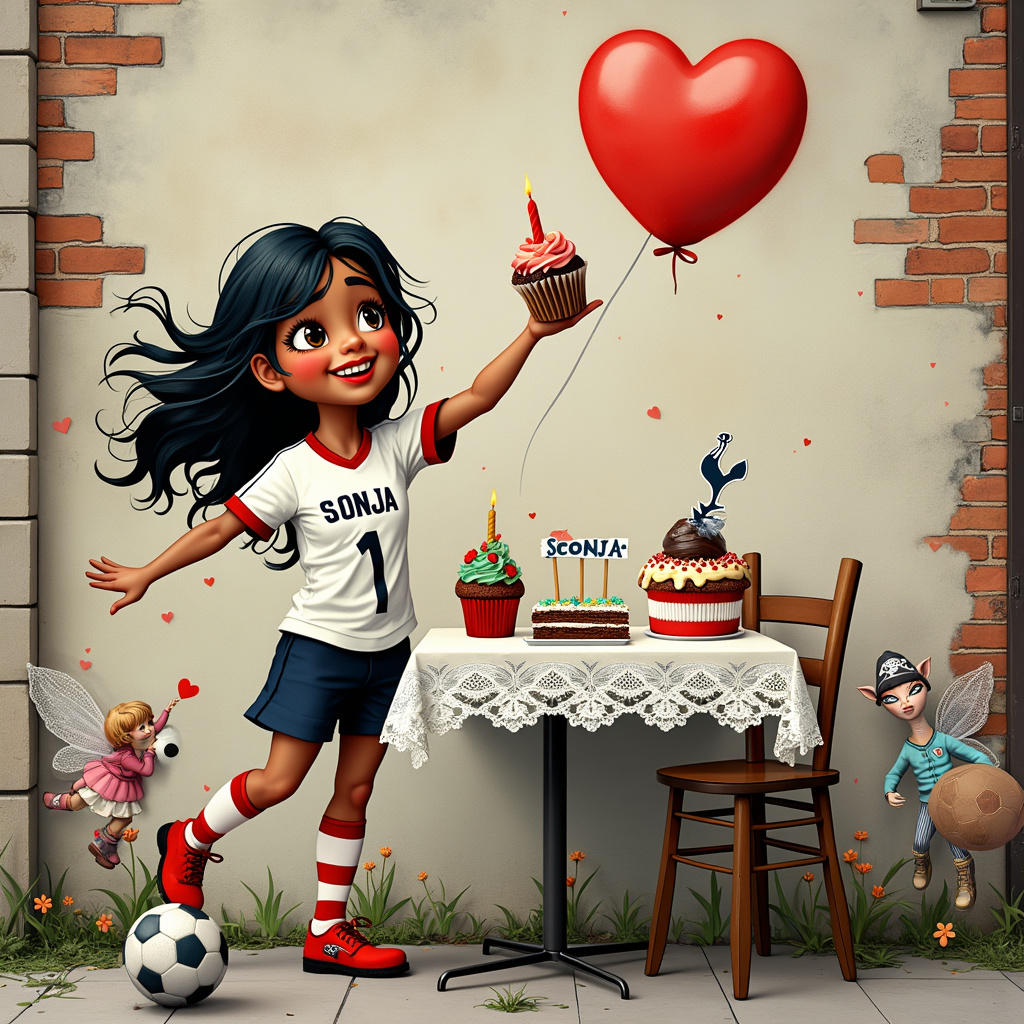 In the whimsical, vibrant illustration, imagine a bustling street corner with a charming mix of graffiti and traditional art. The backdrop is an old brick wall adorned with a classic Banksy mural—a young girl releasing a red heart-shaped balloon, which whimsically morphs into a soccer ball in mid-air, cleverly paying homage to Spurs soccer club. This playful twist hints at Sonja's spirited support for the team.

Standing proudly in front of the mural is a lively Hispanic female character with flowing dark hair cascading down her shoulders, and vibrant red lipstick giving her a bold, striking look. She is sporting a Spurs jersey with "Sonja" and the number 1 emblazoned on the back. Her animated stance is captured mid-cheer, one arm raised victoriously, and in the other, she holds a birthday cupcake topped with a single candle.

Next to her, a quaint little sidewalk café table holds a mix of charming, whimsical elements. On the table, there’s a small birthday cake decorated with a miniature soccer field, complete with tiny players and goalposts. Around the cake are a few cupcakes, each adorned with tiny edible murals in Banksy's style. The table itself is adorned with delicate lace, reminiscent of Beatrix Potter’s detailed settings.

In the foreground, children inspired by Maurice Sendak's "Where the Wild Things Are" are playfully interacting with the scene—one child kicks a soccer ball towards the mural, while another, in a nod to N.C. Wyeth’s adventurous spirit, sports a pirate hat and holds a toy sword aloft.

Adding a touch of Arthur Rackham’s enchantment, a mischievous fairy, with intricate wings and a cheeky smile, is perched atop the cupcake in Sonja’s hand. Gustave Doré’s influence is subtly felt in the finely detailed, ethereal sky above, where a gentle mix of clouds and rays of light cast a magical glow over the scene.

Every element of the scene bursts with rich details and a story waiting to be discovered, ensuring that this birthday card for Sonja is as unforgettable as it is unique.
Generated with these themes: Hispanic Female, Dark hair, Red lipstick, Spurs soccer club supporter, and Banksy. Happy Birthday Sonja .
Made with ❤️ by AI.