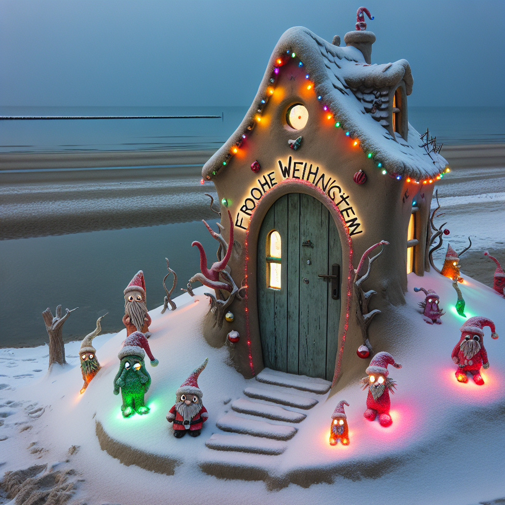 A whimsical Bookland sits atop a snowy dune, overlooking a calm seaside. The house, peculiar and crooked, is adorned with festive Christmas lights which reflect on the gentle waves below. Beside the door, the phrase 'Frohe Weihnachten' is etched in the snow, flanked by odd, colorful sea creatures wearing Santa hats.
Generated with these themes: Bookland , Seaside house, Christmas, and Lights .
Made with ❤️ by AI.