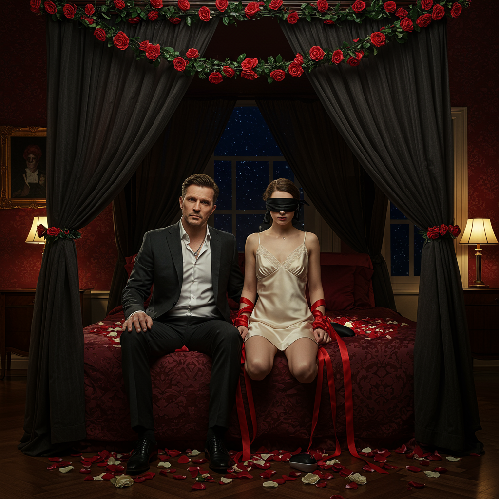 The scene unfolds in a luxuriously appointed room bathed in the soft glow of ambient lighting. The walls are adorned with deep crimson wallpaper patterned with subtle rose motifs, casting a warm and inviting ambiance. At the center of the composition stands a grand four-poster bed draped with sheer black voile curtains that cascade elegantly down to a polished hardwood floor.

On the bed, a dominant man is seated with an air of authority. He is dressed in a tailored black suit, the fabric rich and textured, contrasting with a crisp white shirt. His face remains partially shadowed, adding an air of mystery. Around his neck is a thin, silver chain that glints subtly in the light.

Beside him, a submissive woman kneels with grace, her delicate form clad in a silky, ivory slip. Her hands rest gently in her lap, tied with intricately knotted red silk ropes that appear both elegant and secure. Her eyes are obscured by a black satin blindfold, which is tied neatly at the back of her head, the fabric smooth and glossy.

Scattered across the bed are a multitude of red and white rose petals, their vibrant colors creating a striking contrast against the dark bedspread. Nestled among the petals is a sleek, metallic vibrator, its surface reflecting the dim light in playful glints.

Above them, suspended in the air, is a whimsical banner made of intertwined rose vines. The roses are in full bloom, their petals lush and vivid. In the center of the banner, crafted from the same silken ribbon that ties the woman's hands, is the name "Whesley," elegantly spelled out in looping script.

In the background, an ornate window frames a view of a night sky filled with stars, each twinkling point of light providing a celestial backdrop to the intimate scene. The room is suffused with an atmosphere of quiet sophistication and exquisite detail, every element precisely placed to create a visually captivating and artistically rich composition.
Generated with these themes: Dominant man and submissive woman, Roses, Ropes , Blindfold, and Vibrator .
Made with ❤️ by AI.