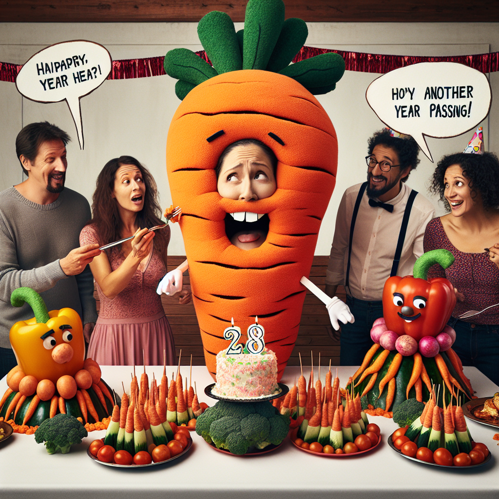 Imagine a comedic birthday scene with a monumental stuffed toy, known as 'Cuddle the Carrot,' positioned centrally among a collection of vibrant, fresh veggies crafted into amusing figures such as bell pepper balloons and cucumber clowns. The birthday celebrator, a Hispanic woman, displays signs of playful annoyance, remarking sarcastically about another year passing. Her assembled friends, a mix of Caucasian and Middle-Eastern men and women, are humorously entertaining her with vegetable-themed puns, lifting their roasted vegetable skewers in a jocular 'toast'.
Generated with these themes: Cuddle, Vegetables, and Complaining .
Made with ❤️ by AI.