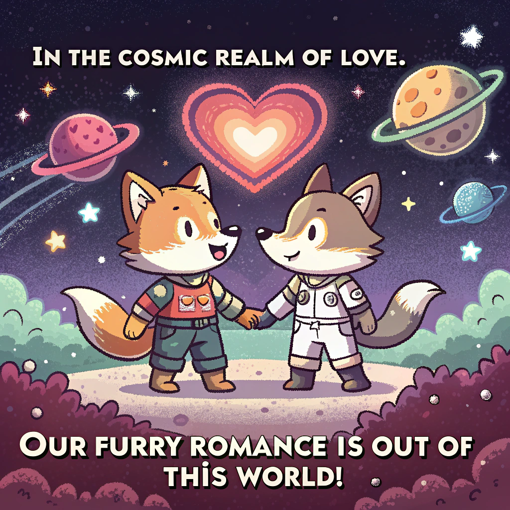 At the top of the image, "In the Cosmic Realm of Love:"

At the bottom of the image, "Our Furry Romance is Out of This World!" 

- Illustrate a vibrant pixel art scene featuring two adorable anthropomorphic characters, one resembling a fox and the other a wolf, floating hand-in-hand in the plenary space. They are surrounded by stars and colorful planets, with a glowing heart-shaped nebula framing their figures, casting a dreamy ambiance.
Generated with these themes: The plenary space, Furries, and .
Made with ❤️ by AI.
