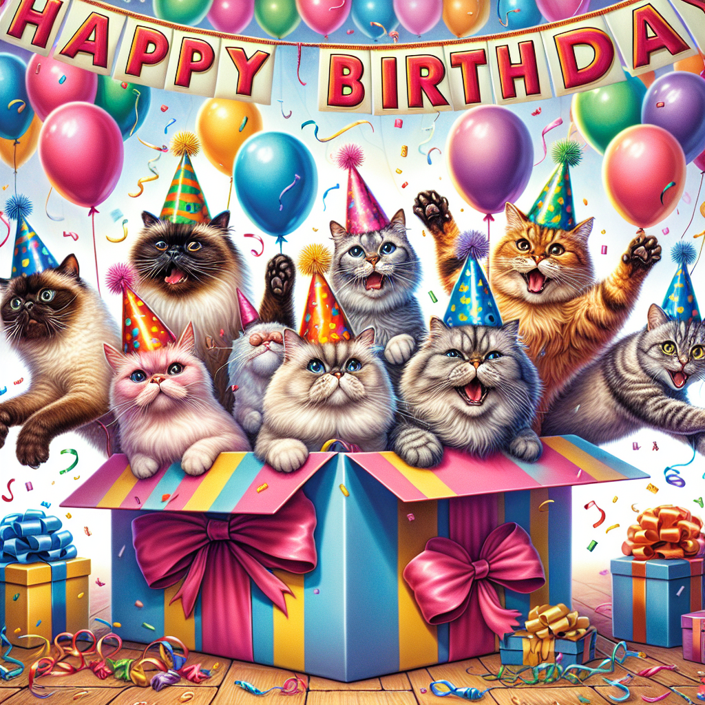 This image presents an amusing birthday scene. A variety of cat breeds, including Siamese, Tabby, and Persian, don colorful party hats and energetically jump out of a sizable gift box. Their faces are amusingly exaggerated to emphasize the comedic nature of the illustration. Merry expressions on their faces add a sense of cheer to the scene. Suspended above them is a banner with the words 'Happy Birthday!' inscribed. The entire scene is embellished with vibrant balloons and streamers, creating a charming tableau of a birthday celebration.
Generated with these themes: Cats, Nazis, funny.
Made with ❤️ by AI.