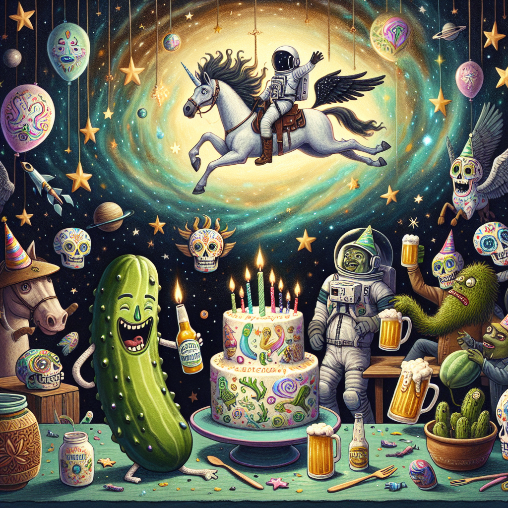 In this whimsical cartoon birthday scene, a mesmerising space backdrop is seen, filled with twinkling stars and swirling galaxies. Here, an amusing anthropomorphic pickle character celebrates its birthday alongside a caricature of an adventurous nondescript actor wearing an astronaut helmet, comically struggling to pop open a bottle of space-themed beer. Above them, a Pegasus gracefully soars, its mane and tail adorned with decorative sugar skulls, adding a mythical and festive touch to the scene. The party attendees include a variety of characters depicting enchanting creatures of the night, toasting with beer mugs under a celestial glow. The interplay of earthy tones and pastels sets a jubilant mood as everyone laughs around a vividly decorated cake depicting their quirky, shared adventures in space.
Generated with these themes: Pickles, Nicholas Cage, Beer, Twilight, Space, Sugar skulls, and Pegasus.
Made with ❤️ by AI.