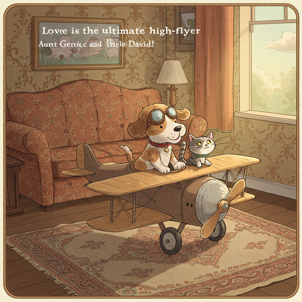 At the top of the Illustration Style image, include the text: "Happy Anniversary, Aunt Genie and Uncle David!"

---

Imagine a whimsical, hand-drawn illustration that brings a smile to your face: a cozy Victorian living room setting, rich with intricate patterns and warm, inviting colors. In the center, a lovable, mischievous dog with floppy ears and a cheerful smile plays gently with a curious cat, both wearing tiny vintage pilot goggles. The pair are embarking on a playful adventure, riding in a miniature antique airplane, complete with a propeller spinning playfully. The airplane appears to be gliding over a patterned Victorian carpet, with a backdrop of ornate wallpaper and an inviting, sunlit window. Above the charming scene, in elegant lettering, is the playful text: "Love is the ultimate high-flyer!" 

This delightful illustration captures a moment of joy and celebration, perfect for a cute anniversary greeting card.
Generated with these themes: Dog, cat, Victorian decor, airplane, and .
Made with ❤️ by AI.