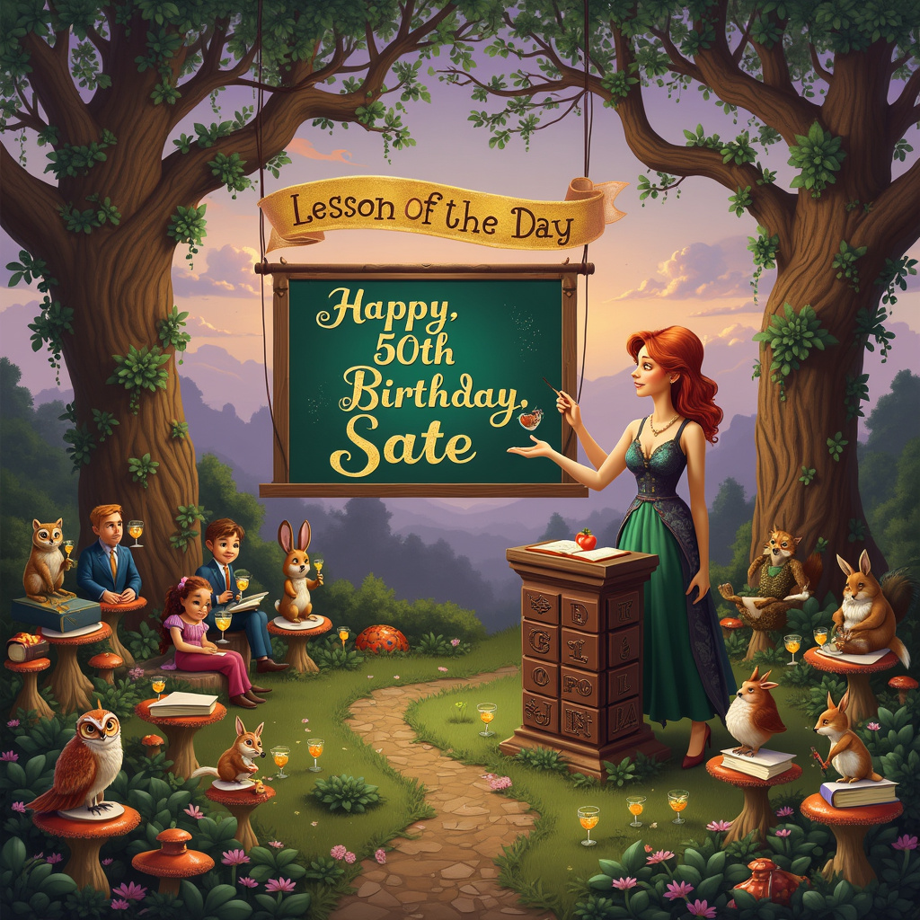 In the foreground, there is a whimsical lecture hall set in an enchanted forest. The lecturer, a woman with striking ginger hair styled in playful waves, stands at a podium made of a giant chocolate bar with intricately detailed carvings of academic symbols and florals. She is holding a pointer in her left hand, directing attention to a large chalkboard suspended between two ancient, twisting oak trees. The chalkboard displays the words "Happy 50th Birthday, Sate" written in vibrant, flowing chalk script.

The students, a mix of animated forest creatures and human attendees, sit on mushroom caps and tree stumps arranged as seats. Each student holds a goblet filled with sparkling gin, garnished with tiny umbrellas and edible flowers. Overhead, a banner made of intertwined vines and flowers drapes from tree to tree, spelling out "Sate" in golden, leafy letters.

To the left, a whimsical birthday cake shaped like a stack of books towers up, each "book" layer decorated with chocolate icing and intricate, Beardsley-esque illustrations. The top layer features a miniature of the lecturer herself, standing with a raised glass of gin.

The sky is a mesmerizing twilight gradient, with purples, pinks, and oranges blending into each other, and "Sate" spelled out in fluffy clouds that seem to shimmer with a touch of gold, creating a dreamy, ethereal backdrop.

In the background, a curious mix of Rockwellian and Sendak-inspired details populate the scene—an owl in a mortarboard perches on a branch, and a rabbit with a briefcase hops along a winding path. A fox, in a waistcoat, is holding up a chocolate scroll that reads "Lesson of the Day: Celebrate!"

Every element is lovingly detailed, from the delicate etchings on the chocolate bar podium to the expressive faces of the forest creatures, creating a vivid, enchanting birthday scene dedicated to Sate.
Generated with these themes: Left-handed, 50th birthday, Female Lecturer, Chocolate, Gin, and Ginger hair.
Made with ❤️ by AI.