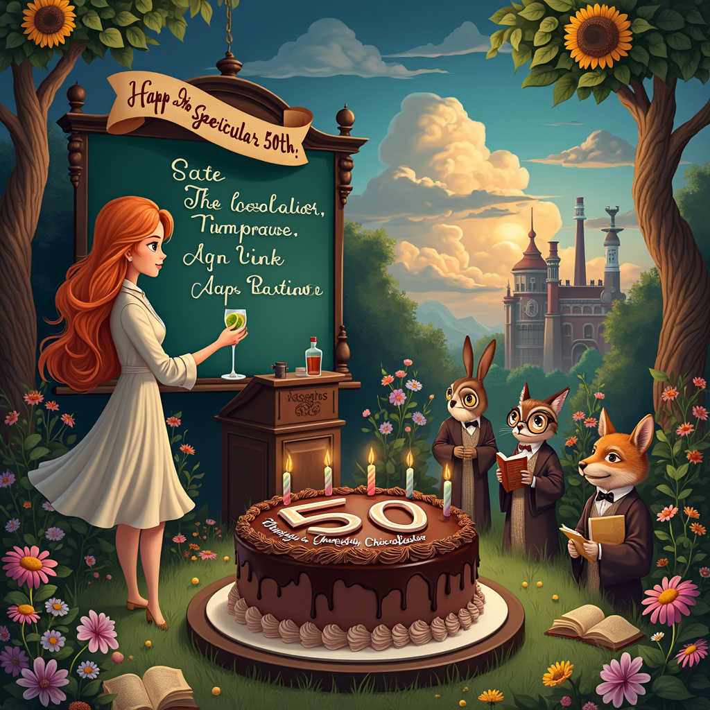 In this surreal birthday-themed scene, a whimsical and enchanting world unfolds. Imagine a large lecture hall that morphs into an outdoor garden under a twilight sky. The walls of the lecture hall blend seamlessly into tall, blooming flowers and twisting vines. At the center of the scene is a grand chocolate cake, decorated with intricate, left-handed piping in swirling designs that spell out “Happy 50th Birthday, Sate!” in rich, dark chocolate.

To the left, a sophisticated female lecturer with flowing ginger hair stands at an ornate wooden podium made from twisting tree branches. Her lecture notes are written in beautiful left-handed calligraphy. In one hand, she holds a gin and tonic glass delicately balanced, a slice of lime perched on the rim, while the other hand points elegantly to a chalkboard behind her, which lists “Life Lessons” with quirky, imaginative diagrams.

Perched above the lecturer, a banner strung between two towering sunflowers reads “Sate’s Spectacular 50th” in colorful, looping letters. In the sky above, fluffy clouds have whimsically formed the shapes of gin bottles and chocolate bars, slowly drifting across a setting sun that casts a golden glow over the scene.

To the right, a group of students—anthropomorphic animals in academic robes—listen attentively, their eager faces lit by the candles from the chocolate cake. An owl with glasses and a notepad, a rabbit with a bowtie, and a fox with a stack of books represent the enchanted audience. 

On the ground, scattered between lush green grass and colorful wildflowers, are open books and scrolls, each page illustrating key moments of Sate’s life, from her ginger-haired childhood to her inspiring lectures. In the background, a gin distillery and a chocolate factory peek out from behind the flora, their chimneys puffing out whimsical, sweet-smelling smoke.

This intricate and detailed scene is a visual celebration of Sate’s life and passions, blending the surreal with the deeply personal, making it a truly unique birthday card.
Generated with these themes: Left-handed, 50th birthday, Female Lecturer, Chocolate, Gin, and Ginger hair.
Made with ❤️ by AI.