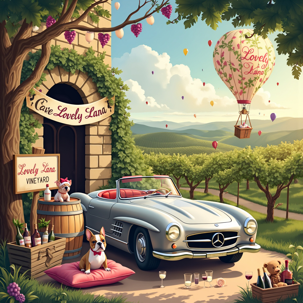 The scene unfolds in a whimsical vineyard set against rolling hills bathed in the golden hues of late afternoon sunlight. At the heart of the illustration, a sleek silver Mercedes convertible, adorned with a giant pink bow on the hood, is parked beside a sprawling grapevine trellis. The trellis is festooned with banners and balloons, one of which reads "Welcome, Lovely Lana!" in elegant, flowing script.

Next to the car, a cheerful Boston Terrier wearing a tiny, grapevine-themed baby bonnet sits proudly on a plush, velvet cushion situated atop a wine barrel. The Boston Terrier’s tail wags enthusiastically as it holds a baby rattle shaped like a miniature wine bottle in its mouth. 

To the left, a wooden signpost marked "Lovely Lana Vineyard" is entwined with grapevines and features playful grape clusters. In front of the signpost, a wooden crate filled with an assortment of plush baby toys in the shape of wine bottles and bunches of grapes is partially open, as if recently unpacked.

Behind the car, a picturesque winery building with ivy-clad stone walls and arched windows serves as the backdrop. A large, arched window has been creatively converted into a congratulatory banner that reads "Cheers to Lovely Lana!" in an art nouveau style reminiscent of Aubrey Beardsley, featuring intricate grapevine patterns.

A hot air balloon floats lazily in the sky above the scene, its fabric panels painted with images of baby items and wine bottles. Tethered to the balloon is a flowing banner that stretches across the sky, spelling out "Lovely Lana" in bold, colorful letters. The balloon itself has a basket with a teddy bear wearing a tiny winemaker’s hat, holding a tiny wine glass up in a toast.

The foreground is sprinkled with a few wine glasses and baby bottles filled with milk, artfully arranged on a picnic blanket with a toy vineyard worker doll set up for a small celebratory picnic. In the background, vines heavy with plump grapes climb trellises, creating a natural, bountiful frame around the scene.

This enchanting vineyard tableau combines the elements of a new baby celebration, luxury, and a nod to wine culture, all tied together with the joyful inclusion of "Lovely Lana."
Generated with these themes: Boston terrier, Mercedes, Winery, and Wine.
Made with ❤️ by AI.