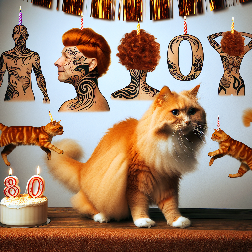 A humorous and genuine birthday celebration unfolds with ginger colored cats playfully scampering about. These cats mirror the distinct hair color of the honored birthday guest. The room is decorated with body-art-inspired designs, incorporating the number '80' uniquely and edgily into each, signifying the noteworthy age reached in a unique, trendy style.
Generated with these themes: Cats, Tattoos, Ginger hair, and 80.
Made with ❤️ by AI.