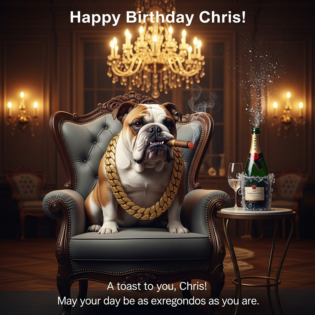Cigar champagne big gold necklaces , and Birthday Card