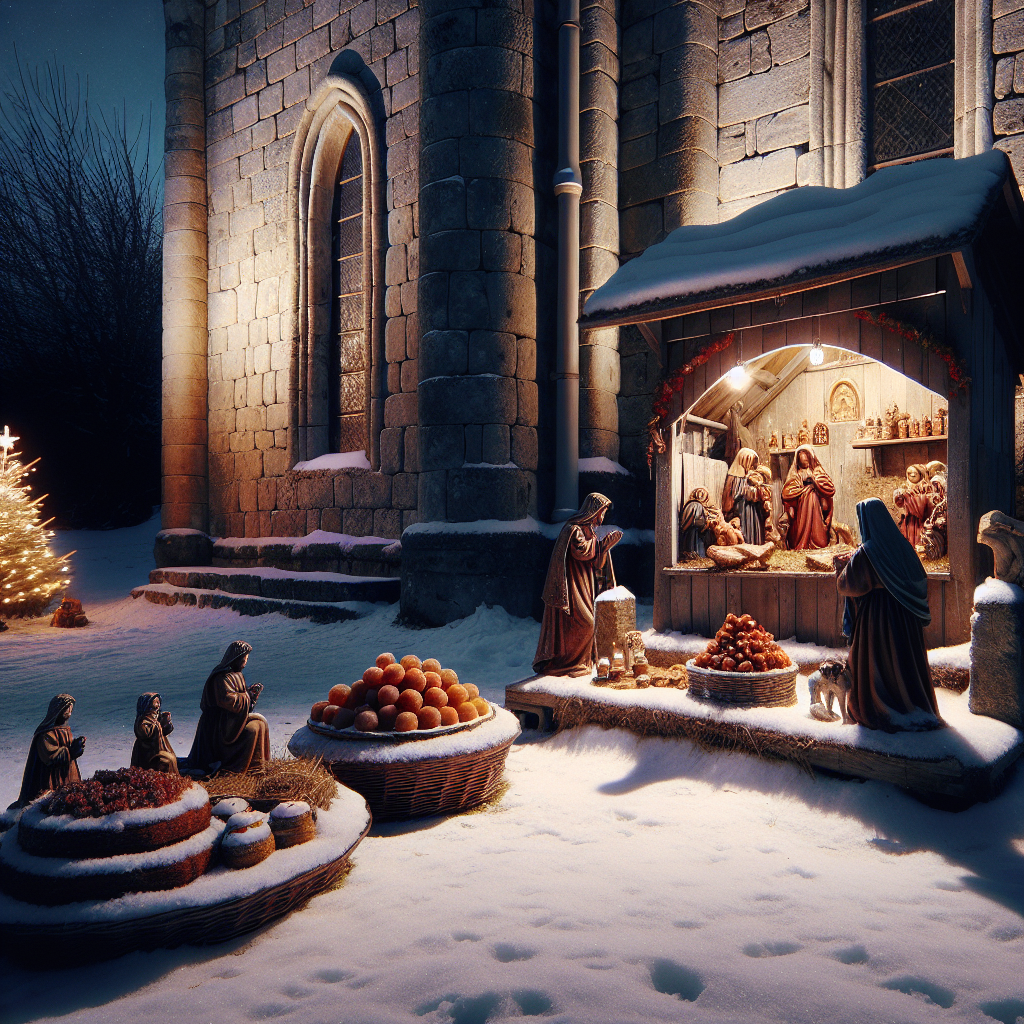 The evening carries a profound silence, disturbed only by the faint crunch of snow underfoot. A realistic nativity scene is staged outside a stone church, its figures almost lifelike in the winter's dim light. Beside it, a small stand offers modest Christmas sweets, including candied nuts and fruit breads, providing a subtle reminder of the season's sweetness amidst the somber atmosphere.
Generated with these themes: sweets.
Made with ❤️ by AI.