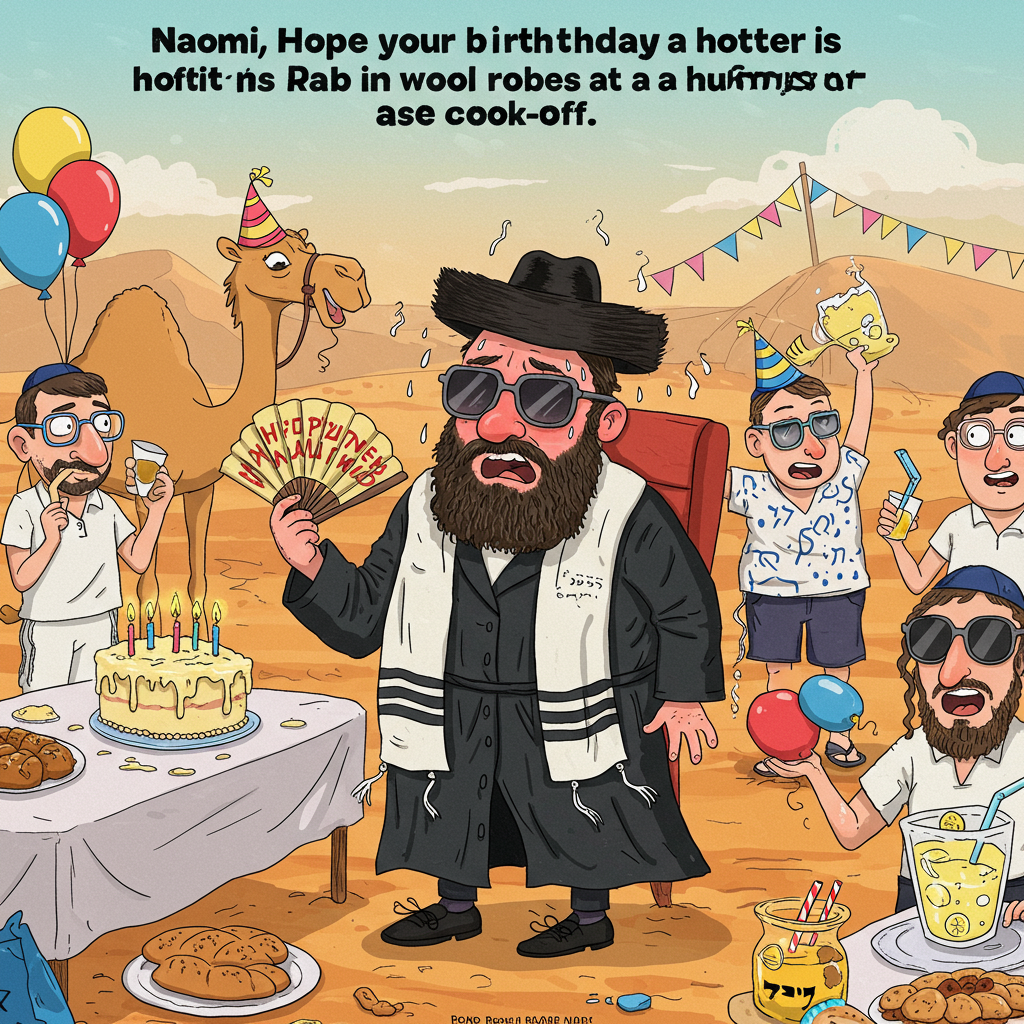 At the top of the cartoon image: "Naomi, hope your birthday is hotter than a Rabbi in wool robes at a hummus cook-off!"

**Image Prompt:**  
A cheerful, cartoon-style scene set in the middle of a bustling outdoor birthday party in a desert setting. Front and center is a hilariously "hot" rabbi — not hot as in attractive (though he has undeniable swag), but sweating buckets, his bushy beard frizzing, face flushed bright red. He's wearing full ceremonial garb (robes, tallit, yarmulke), clearly overheating as he fans himself with a gefilte fish cookbook. His sunglasses slide down his nose, and beside him, a party-goer holds up a birthday cake that’s literally melting in the sun. Around him are birthday decorations like balloons shaped like menorahs, party guests in kippahs holding water balloons, and a camel in the background wearing a party hat and sipping lemonade. The overall color scheme is warm, vibrant, and slightly absurd, with exaggerated facial expressions and silly little details like challah bread wearing tiny sunglasses.
Generated with these themes: hot rabbi.
Made with ❤️ by AI.