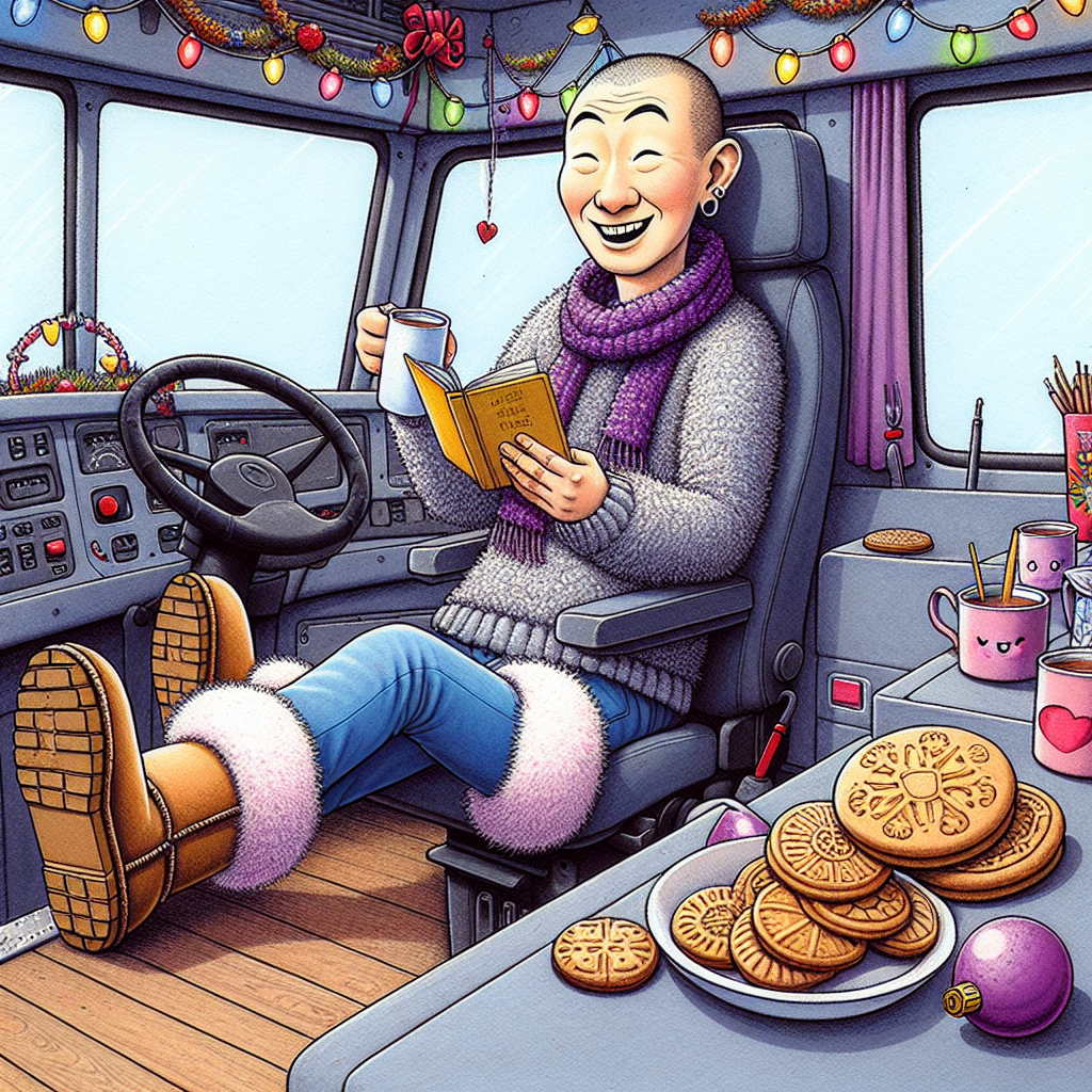 Depict a cheerful truck cabin during celebrations. The cabin is adorned with festive decorations. An animated truck driver of Asian descent with a gender-neutral appearance comfortably reclines in their seat, clad in fluffy ugg boots. They exhibit joy while reading a book. Biscuits of various shapes and sizes are arranged nicely on the dashboard, giving the impression of a makeshift birthday party. To the side of the driver, a teapot is captured in mid-pour, filling a cup with steaming hot tea, lending a touch of humor to the scene with the clever play on the words 'tea' and 'brake'. The scene is designed to convey a sense of warmth, camaraderie, and good-hearted humor.
Generated with these themes: tea, books, ugg boots, truck drivers, biscuits.
Made with ❤️ by AI.