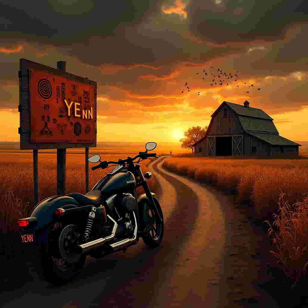 Front Cover Description:

Scene Setting: Imagine a wide, open countryside with vast fields stretching to the horizon, tinged with a light orange glow from the setting sun. The sky is an enigmatic blend of deep black and vibrant orange, hinting at the mysterious aura of a dusky twilight.

Foreground Elements: 

1. **Motorcycle:** A sleek, polished black motorcycle is parked off to one side of a dirt road winding through the fields. Its chrome details glisten under the orange sky. The motorcycle's license plate reads "YENN" in bold, white letters.

2. **Conspiracy Theories Touch:** Nearby, there's a wooden billboard slightly tilted to one side. The board is painted in orange with cryptic symbols and patterns in black, reminiscent of crop circles and ancient scripts, inviting curiosity.

Background Elements:

1. **Distant Barn:** Further into the scene, a rustic wooden barn stands amidst the fields. Its wooden slats are weathered, showcasing shades of brown and black. The barn is adorned with an orange neon sign on its roof that spells "Yenn."

2. **Field Details:** The fields are dotted with wildflowers in shades of orange and black, swaying gently in an invisible breeze. Corn stalks, tall and golden, create a natural border around the fields.

Additional Details:

1. **Sky and Clouds:** The sky above is peppered with wispy black clouds that form intriguing shapes, their outlines glowing slightly orange from the sun's rays. A flock of birds, silhouetted against the sky, flies in a V-formation towards the horizon.

2. **Banner:** Strung between two weathered wooden poles near the motorcycle is a small fabric banner. It's orange with black letters that spell "Yenn," fluttering slightly in the wind.

All elements together craft a scene that blends the essence of the countryside, the thrill of a motorcycle journey, and the intrigue of conspiracy theories, all under a captivating black and orange Valentine's Day sky.
Generated with these themes: Conspiracy theories, Black, Orange, Motorcycle , and Country.
Made with ❤️ by AI.