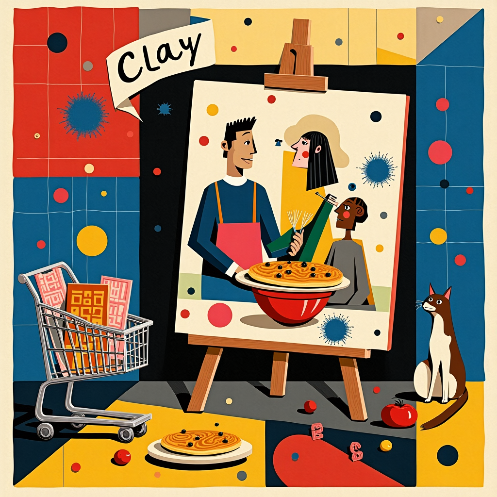 **Front Cover Description:**

**Background and Layout:**

The card features a backdrop inspired by Piet Mondrian, with intersecting geometric lines and a color palette of bold primary colors: red, blue, yellow, and black. The lines form a grid that provides structure for the various elements in the scene. 

**Central Elements:**

1. **Art and Painting:**
   - In the center of the card, a whimsical easel stands with a canvas displaying an abstract Jackson Pollock-style splatter painting in vibrant hues of cobalt blue, magenta, and sunflower yellow. Paint splatters leap off the canvas and integrate into the scene, blurring the lines between the painted world and reality.

2. **Cooking and Family:**
   - Below the easel, a geometric family tableau reminiscent of Cubism features triangular and circular shapes. A father figure with a trapezoidal torso is flipping a perfectly round pancake with specks of blueberries, using a vivid emerald spatula. Next to him, a child-like figure with an oval head and rectangular limbs is holding a stylized, ruby-red mixing bowl.

3. **Dogs and Cats:**
   - To the right of the canvas, a deconstructed dog and cat inspired by Joan Miró cavort. The dog is a series of overlapping circles and spirals in earth tones, while the cat is composed of slinky, elongated curves with eyes shaped like elongated hexagons.

4. **Shopping Trolley:**
   - On the left, a metallic silver shopping trolley emerges from a Mondrian-style grid, its contents whimsically overflowing. Inside, elements such as abstractly-rendered tomatoes (perfect spheres in bright red) and angular boxes of cereal mimic Malevich's Suprematism in their simplicity and form.

5. **Pancakes:**
   - Pancakes float sporadically across the scene like Cy Twombly's loops, with fluffy edges and golden-brown surfaces.

**Text Element:**

- A stylized banner draped across the upper corner of the card spells out "Clay" in a playful font reminiscent of de Kooning's expressive strokes. The letters are filled with a soft gradient of orange to turquoise, resembling a sunrise.

This surreal composition, with its array of dynamic and contrasting shapes and colors, invites the viewer to explore a multi-dimensional birthday celebration woven with themes of art, family, and joyous creation.
Generated with these themes: Art , Painting, Cooking, Family, Creating, Dogs, Cats, Shopping trolley, and Pancakes.
Made with ❤️ by AI.
