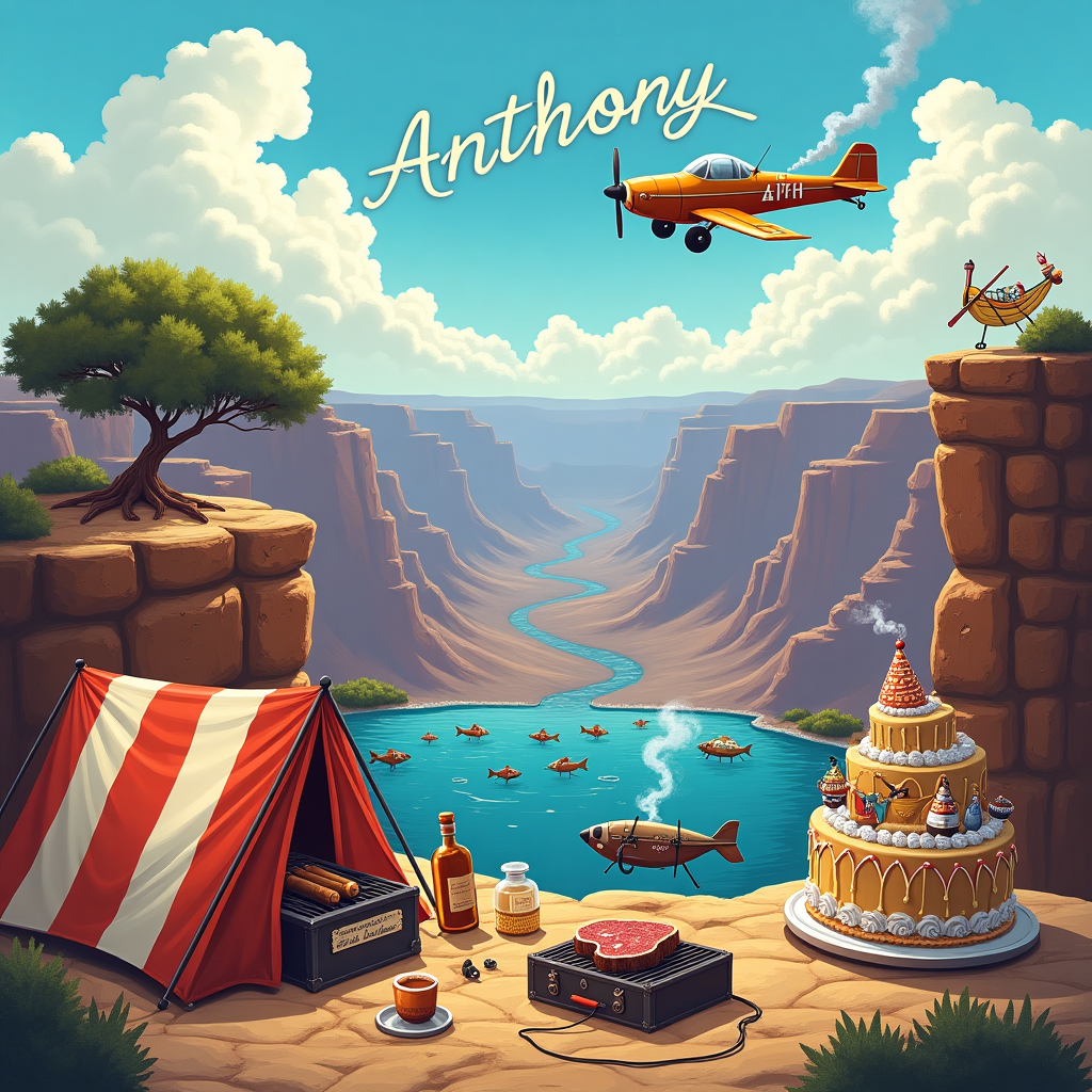 In a whimsical scene that defies the boundaries of reality, the Grand Canyon becomes an expansive playground for a birthday adventure unlike any other. The foreground features a vintage red-and-white camping tent pitched on a rocky ledge, with a trail of whimsical smoke curls rising from an intricately detailed humidor open beside it, showcasing Anthony's favorite cigars. Nearby, a small charcoal grill emits plumes of aromatic smoke, a perfectly marbled steak sizzling on the grate, with a glistening bottle of tequila resting on a nearby rock, a salt-rimmed shot glass artfully balanced beside it.

Suspended above this rugged terrain, a sleek, remote-controlled airplane, painted in vivid hues of blue and yellow, performs playful loops in the canyon’s clear blue sky. The name "Anthony" is elegantly inscribed in fluffy white clouds, as if the plane had trailed it across the heavens. Below, in the aquamarine depths of a surreal, impossibly large canyon pool, a school of scuba-diving fish dressed in tiny vintage diving suits frolics among the bubbles, their air tanks cheerfully emblazoned with birthday motifs.

At the scene's edge, a cliff side is whimsically adorned with lush greenery, where a fantastical tree grows, its branches bearing festive ornaments and a swinging hammock that hints at leisure. At the very heart of this imaginative landscape stands a grand birthday cake, its tiers layered with edible scenes of the Grand Canyon, all topped with a tiny, jubilant figure of Anthony, donning a festive party hat, waving triumphantly to all below. This surreal illustration, infused with the spirit of adventure and celebration, invites Anthony into a world where his birthday dreams take flight.
Generated with these themes: Scuba diving, Camping, Cigars, Remote control airplanes, Tequila, Grilling steaks, and Grand canyon.
Made with ❤️ by AI.
