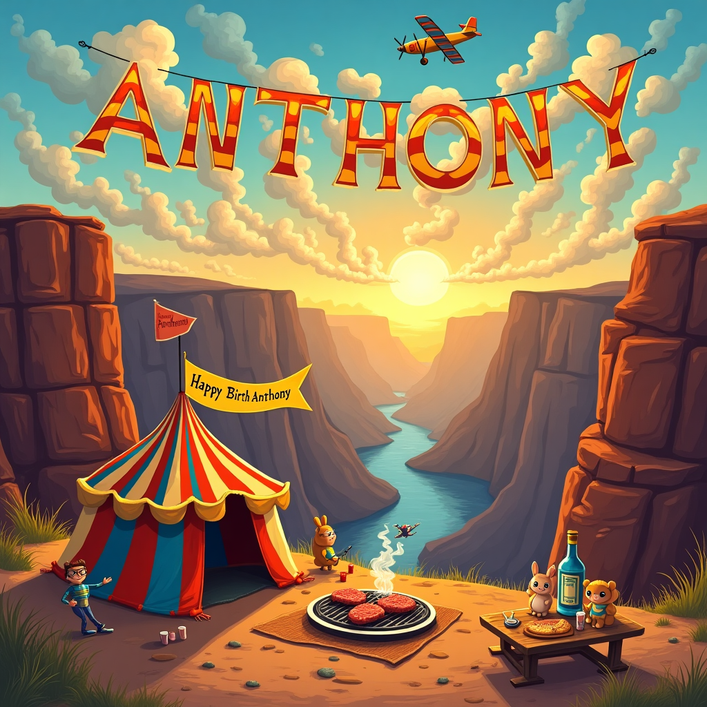 In a fantastical birthday card illustration inspired by a mix of artistic influences, the scene opens on the rim of the majestic Grand Canyon, bathed in the warm hues of a setting sun. At the heart of the canyon, a campsite emerges, but it's not your typical setup. A vibrant, striped circus tent acts as a whimsical shelter, adorned with a bright banner flying at its peak, reading "Happy Birthday Anthony" in bold, joyful letters. In the foreground, a portable grill sizzles with perfectly cooked steaks, sending wafts of tantalizing aromas skyward. Adjacent to the grill, a bottle of tequila stands proudly, with a couple of shot glasses catching the glint of the fading sunlight.

To the left of the campsite, a group of miniature scuba divers can be seen embarking on an adventurous dive into a small, surreal water pocket within the rocky canyon floor, their colorful suits adding a pop of color against the earthy backdrop. On the right, a remote control airplane, painted with stripes and patterns reminiscent of a Beardsley illustration, buzzes playfully through the air, weaving past a ring of smoke spirals lazily drifting up from a trio of fine cigars resting on a wooden table.

The scene's upper portion features a sky painted in a Maxfield Parrish style, with clouds whimsically forming the letters of Anthony's name, as if painted by an invisible hand. Each cloud-letter shimmers subtly in the evening light, casting a dreamlike glow across the entire tableau. To complete the fantastical scene, a small gathering of woodland creatures, drawn with a touch of Beatrix Potter charm, sit around a rustic wooden table, toasting with tiny acorn cups, joining in on the celebration under the boundless skies of the Grand Canyon.
Generated with these themes: Scuba diving, Camping, Cigars, Remote control airplanes, Tequila, Grilling steaks, and Grand canyon.
Made with ❤️ by AI.