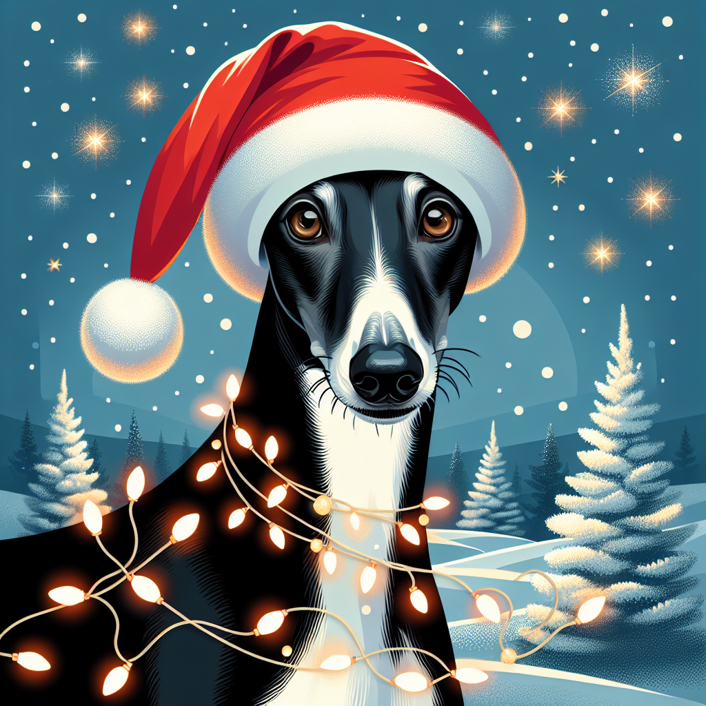 Variation 1 depicts a charming vector-style illustration immersed in Christmas ambiance. At the center, an adult Greyhound with a sleek black and white coat stands out, its slender silhouette accentuated by twinkling festive lights. Its gentle brown eyes gaze affectionately at the viewer, while a crimson Santa hat perches jauntily on its head. The scene is set against a backdrop of snowflakes softly falling upon a landscape of frosted evergreens.
.
Made with ❤️ by AI.