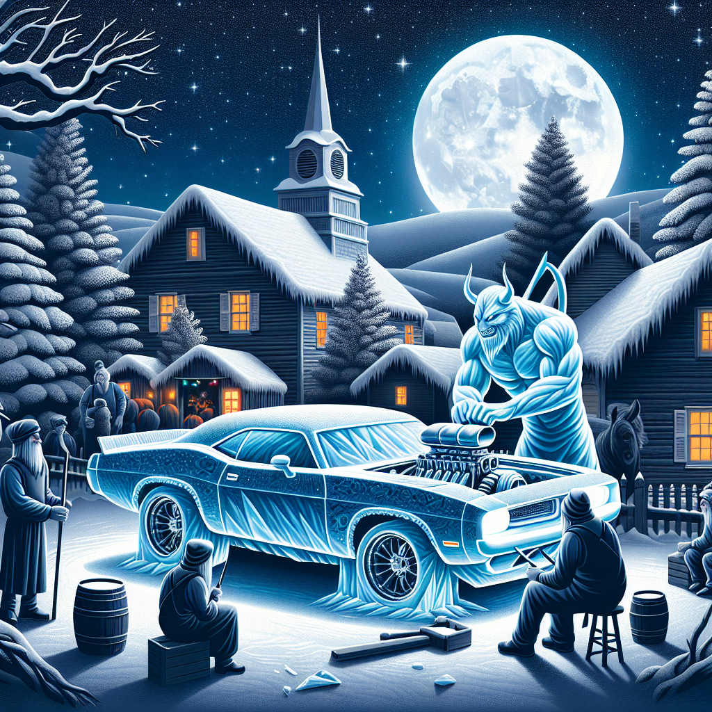 Vector image of a Christmas spectacle where a group of demons are constructing a muscle car out of ice and snow in an Amish village, with the moonlight casting a holiday glow.
Generated with these interests: Demons , Amish people, and Muscle cars.
Made with ❤️ by AI.