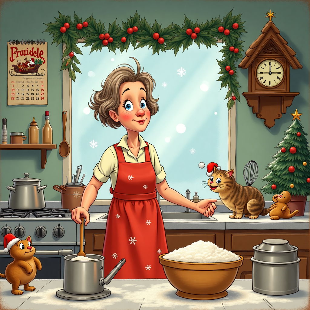 The scene unfolds in a cozy, whimsical kitchen that seems to be borrowed from a fairytale, where a sprightly 70-year-old lady named Mrs. Myrtle is preparing for her legendary Christmas cake bake-off. She stands at the center of the kitchen, wearing a bright red apron with snowflake patterns, her short light brown hair slightly tousled and her blue eyes twinkling with mischief. Surrounding her are an army of animated kitchen utensils, each with a pair of eyes and a mischievous grin, reminiscent of Disney Pixar's charm. To her left, a wooden spoon dances on its own, twirling in a small cloud of flour, while an adventurous whisk attempts to conduct an orchestra of giggling gingerbread men perched on the countertop.

Above the oven, a garland of holly hangs, interspersed with sparkling baubles, as if plucked from the pages of a Charles Schulz or Bill Watterson strip. A calendar on the wall showcases an old-fashioned illustration of Santa’s sleigh, echoing Osamu Tezuka's nostalgic style, hinting at the upcoming festive day circled in red. 

On the right, a chunky tabby cat, reminiscent of Gary Larson's animal antics, dons a tiny chef’s hat, curiously peeking over the bowl to see the fruitcake mix. Meanwhile, an antique cuckoo clock designed with Hergé's precision ticks away, with the cuckoo itself holding a tiny Christmas hat, ready to chirp at any moment.

The room is dotted with festive knick-knacks, like a small tree in the corner adorned with classic R. Crumb-esque whimsical ornaments, each telling a tiny story. Through the frosted window, snowflakes fall gently, painting a dreamy winter scene that nods to Winsor McCay’s fantastical landscapes. Each element of the scene weaves together a narrative full of life, inviting the viewer to dive into Mrs. Myrtle's magical world of baking and holiday spirit.
Generated with these themes: Lady aged 70, with short light brown hair and blue eyes, baking a Christmas cake, and In the Art Style of Disney Pixar.
Made with ❤️ by AI.