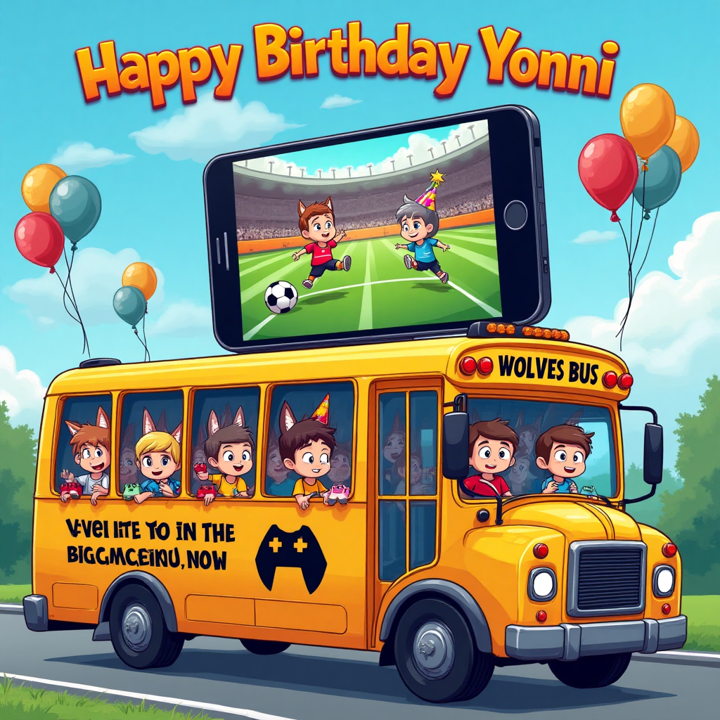 At the top of the Vector Style image, the text reads: "Happy Birthday Yonni!"

**Image Description:**

In a vibrant, playful vector style, an oversized, cartoonish iPhone is comically strapped to the roof of a bright, colorful gaming bus. The bus is decked out in Wolves Football Club colors, proudly flaunting the team's logo on the side. The windows of the bus are filled with excited children, all appearing to be around age 10, enthusiastically holding game controllers as if the bus is their ultimate mobile gaming arena.

The iPhone on top of the bus humorously displays a soccer match, with animated wolves and children avatars playing against each other. One of the wolves is wearing a birthday hat, symbolizing a festive spirit. The whole scene has a cheerful and energetic vibe, with the bus seemingly cruising through a whimsical, vector-art cityscape. The sky is dotted with balloons shaped like game controllers and soccer balls.

Text below the scene in a cheeky, bold font reads: "Level Up! You're in the big leagues now!"
Generated with these themes: Iphone, Gaming bus, Age 10, Wolves football club, and .
Made with ❤️ by AI.
