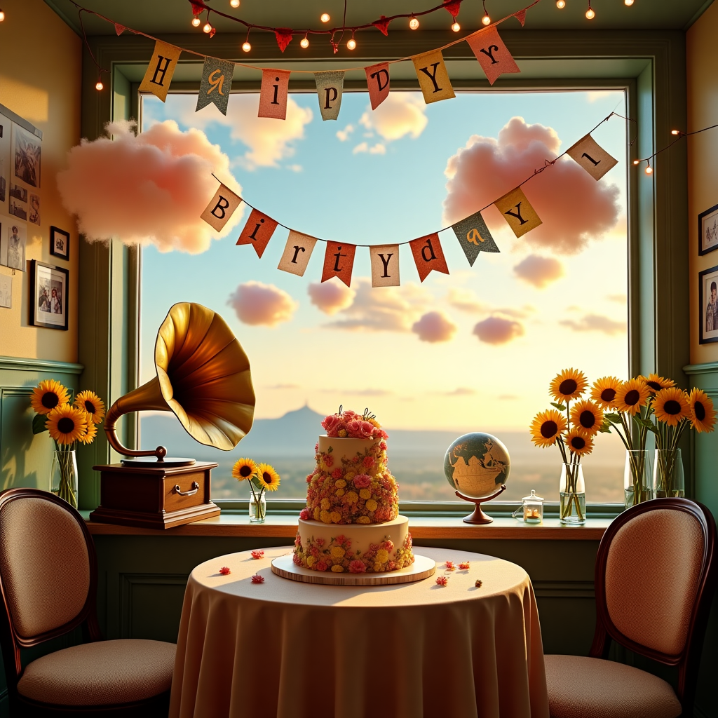 The scene unfolds in a whimsical, bustling café setting where the ceiling opens up to a serene sky. The café is an eclectic mix of vintage and modern, with mismatched chairs and tables adorned with vibrant, oversized sunflowers in glass vases. A large, vintage gramophone sits in the corner, its brass horn directed towards the sky, almost as if it's serenading the clouds. Hanging across the café is a series of colorful bunting that spells out "Happy Birthday, Sui Yong!" in playful, handwritten fonts. The letters are festooned with tiny twinkling fairy lights that give off a warm glow. In the center of the scene, a round table is covered with a lavish, tiered birthday cake. The cake is decorated with intricate sugar flowers and topped with a mini figurine of a world globe, symbolizing the wish to meet again soon. Floating above the table, fluffy cotton candy clouds form the words "Wishing You Endless Happiness" as a light breeze gently moves them across the open ceiling. Around the café, small framed photos hang on the walls, depicting joyful moments—laughing friends, beautiful landscapes, and candid shots of Sui Yong in different joyful moments, encapsulating wishes of love, joy, and beautiful moments for the year ahead. The sky peeking through the open ceiling is painted in hues of orange and pink, suggesting a sunrise or sunset, signifying the dawn of a new year filled with potential.
Generated with these themes: Happy Birthday my lovely Sui Yong!  I wish to meet you again and soon. On your special day, I wish you endless happiness, success, and all the best that life has to offer. May your year ahead be filled with love, joy, and beautiful moments.  Happy Birthday once again!.
Made with ❤️ by AI.