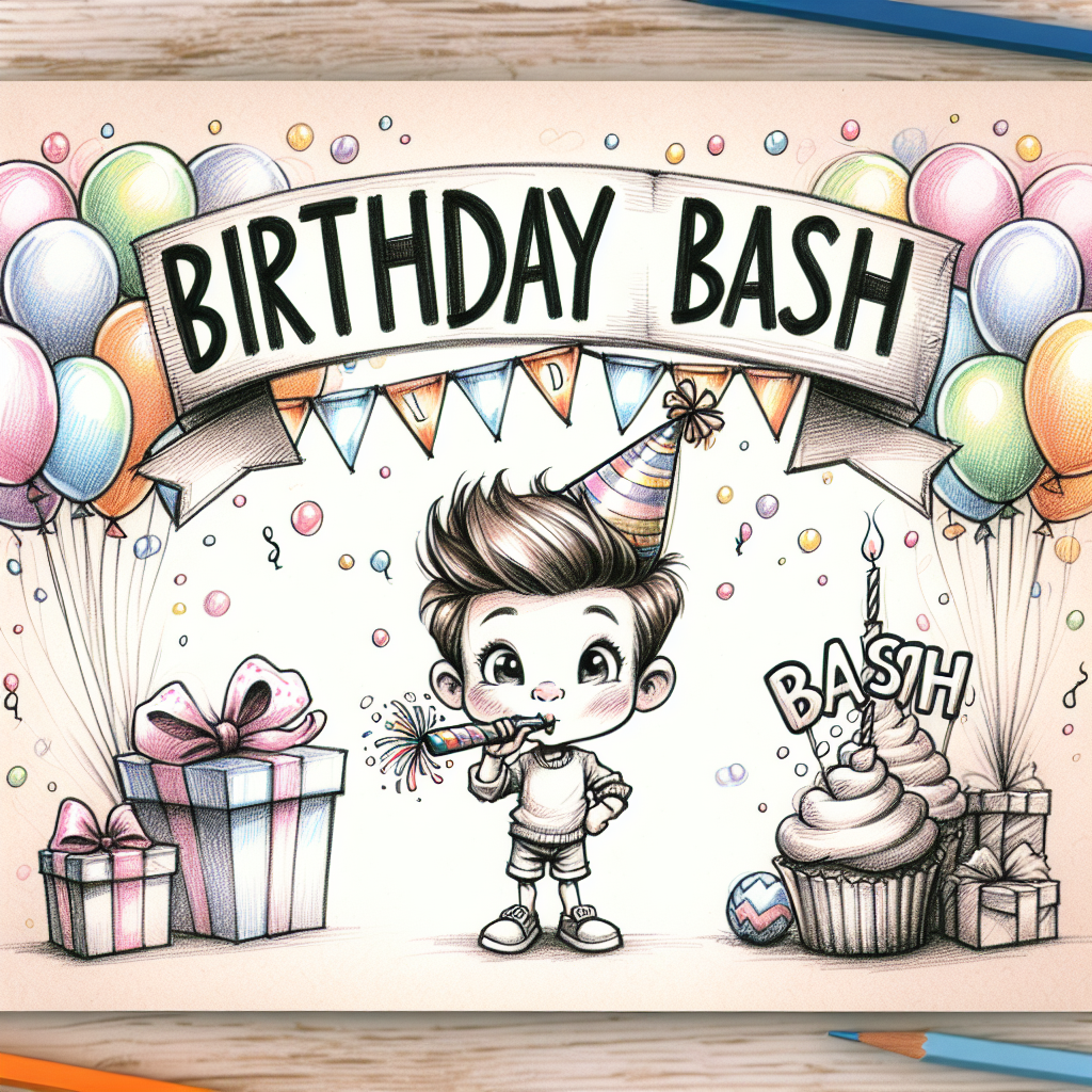 A delightful sketch encapsulates the energy of a birthday party using soft pastel colours for a bunch of balloons floating gently in the background. The primary focus is on an adorable banner that displays 'Birthday Bash' in bold and entertaining fonts. In the foreground, there's a caricature of a happy young boy with a party blower, his charismatic smile setting the mood. He's surrounded by presents and cupcakes, each with a single lit candle, capturing the warmth and excitement of a personalized birthday celebration.
Generated with these themes: John .
Made with ❤️ by AI.