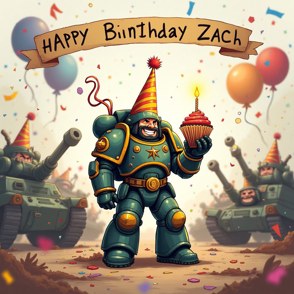 At the top of the Illustration Style image, the text "Happy Birthday Zach" is playfully displayed.

Image prompt: Create a whimsical and cute Warhammer-themed birthday scene featuring a tiny Space Marine wearing a colorful party hat, holding a cupcake with a single lit candle. Surround him with a festive battleground of miniature tanks and joyful orks tossing confetti. The Space Marine is smiling, with his power armor decked out in party streamers and balloons tied to his backpack. In the background, cheerful banners read, "Waaagh-nderful Birthday!" The color palette is warm and vibrant, with expressive brush strokes highlighting the celebration's joy and excitement. The entire composition radiates fun and charm, perfectly encapsulating a lighthearted birthday atmosphere.
Generated with these themes: Warhammer, and .
Made with ❤️ by AI.