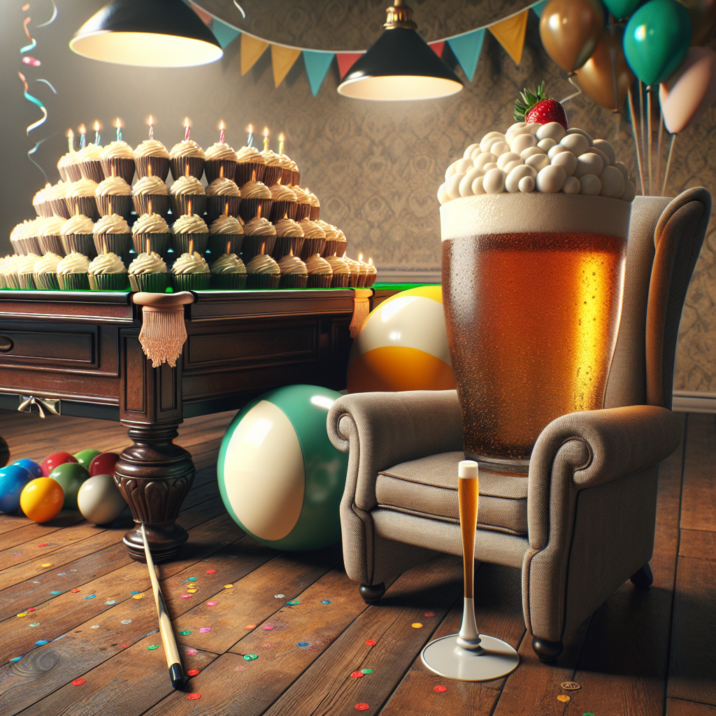 Create a festive and heartwarming birthday scene, presented in a vintage style. The centerpiece should be a thickly cushioned, inviting armchair placed adjacent to a snooker table, the balls on which are creatively transformed to resemble cupcakes. Sitting next to the armchair is a towering glass filled with frothy beer, conveying the relaxed nature of the day. Accent the scene with colorful balloons and confetti strewn in the air overhead, establishing a tone of joyful and casual celebration.
Generated with these themes: Snooker, Beer, and Armchair.
Made with ❤️ by AI.