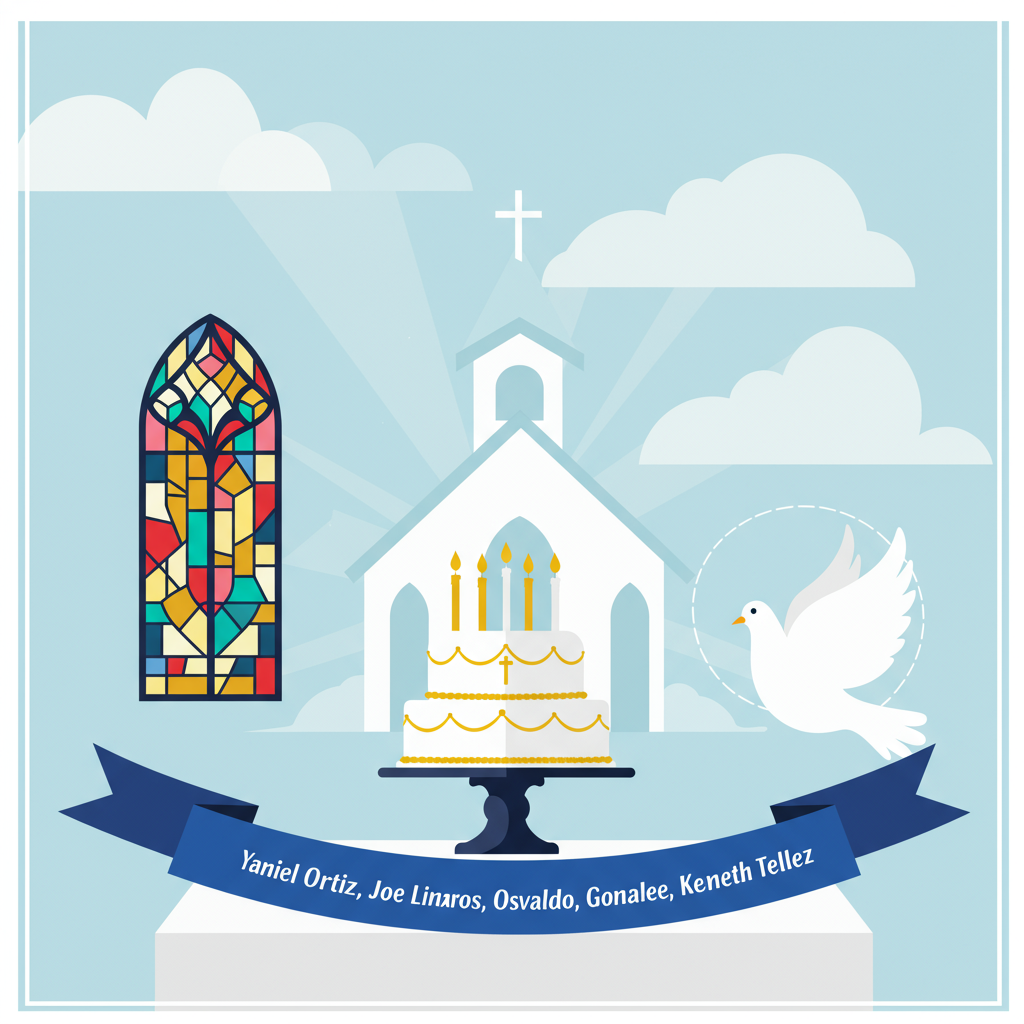 The front cover of the greeting card is a serene yet vibrant Christian-themed birthday scene, illustrated in a clean vector style with flat shapes and crisp lines. The background is a soft sky blue, suggesting tranquility, with subtle white cloud shapes floating gently, providing depth and a sense of elevation.

In the center of the composition is a stylized, minimalist church silhouette, its walls a pristine white with a golden cross elegantly perched atop the steeple. To the left, a simple stained-glass window is depicted using geometric shapes in muted tones of crimson, emerald, and sapphire.

In the foreground, a birthday cake is prominently displayed on a simple white table. The cake is a sleek, two-tier design with a smooth white fondant finish, adorned with understated gold and silver edible Christian symbols, such as doves and fish. Candles atop the cake are represented as slender, vertical lines, colored gold to match the cake's embellishments.

To the right, a dove, a symbol of peace, is illustrated in a pure white, its wings outstretched, rendered with minimal lines to emphasize its elegance and simplicity. Below it, a banner gracefully curves across the scene, its color a rich royal blue, providing a subtle contrast to the rest of the composition.

The names "Yaniel Ortiz, Jose Linaros, Osvaldo Gonzale, Kenneth Tellez" are inscribed across the banner in crisp, white lettering, using a sleek sans-serif typeface. The names are equally spaced to maintain balance and symmetry within the design.

Subtle halos of light, created using concentric circles of varying opacities, emanate from behind the church and the dove, giving them a celestial aura. The card’s color palette remains cohesive and harmonious, primarily utilizing whites, blues, and touches of gold, punctuated with the more vibrant colors of the stained glass.

This design, inspired by the clean and bold styles of artists like Yulia Sokolova and Malika Favre, ensures a sophisticated and elegant look suitable for celebrating a Christian birthday.
Generated with these themes: Christian Birthday.
Made with ❤️ by AI.
