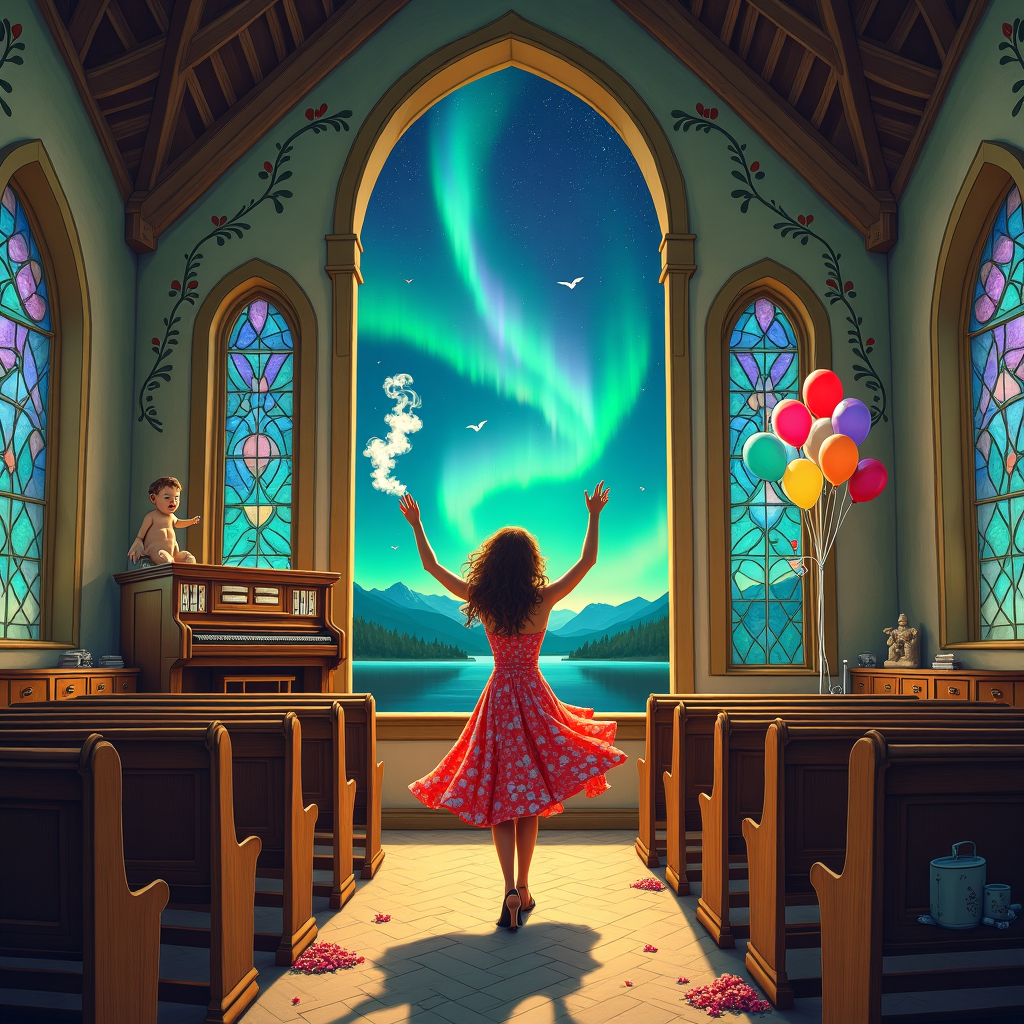 On the front of the birthday greetings card, a whimsical and unexpected scene unfolds within the serene confines of a chapel. Imagine a quaint, small-town chapel with stained glass windows that cast colorful mosaics on the wooden pews. The walls of the chapel are adorned with intricate carvings of angels and floral patterns. At the center of this sacred space stands a woman, vivacious and full of life, caught in mid-dance. Her arms are joyfully flung upward, and her bright, flowing dress swirls around her in a cascade of vivid colors – perhaps a kaleidoscope of blues, purples, and greens that echo the natural beauty outside.

The chapel itself is bathed in an ethereal light, emanating from the Northern Lights visible through the chapel's large, arching windows. The aurora borealis paints the sky in shades of emerald and violet, lending an otherworldly glow to the scene. The night sky is crisp and clear, with stars twinkling like distant jewels.

In her hand, the dancing woman holds a spliff, the smoke curling upwards in delicate tendrils that almost mimic the ribbons of color in the sky. This juxtaposition of sacred and earthly delights is playful yet harmonious, suggesting a celebration of life’s many facets.

Near the altar, an organ stands silent but seems to vibrate with the silent promise of music. Around the chapel, clusters of whimsical details catch the eye – perhaps a small statue of a cherub, looking surprised or amused, or a collection of colorful, playful balloons tethered to the end of a pew, left over from a wedding or festivity.

This scene is a delightful blend of reverence and revelry, capturing a moment where the divine meets the everyday in a burst of color and joy, perfect for a birthday greeting that celebrates life’s beautiful contradictions.
Generated with these themes: Dancing woman, smoking a spliff, In a chapel, and Northern lights in the background.
Made with ❤️ by AI.