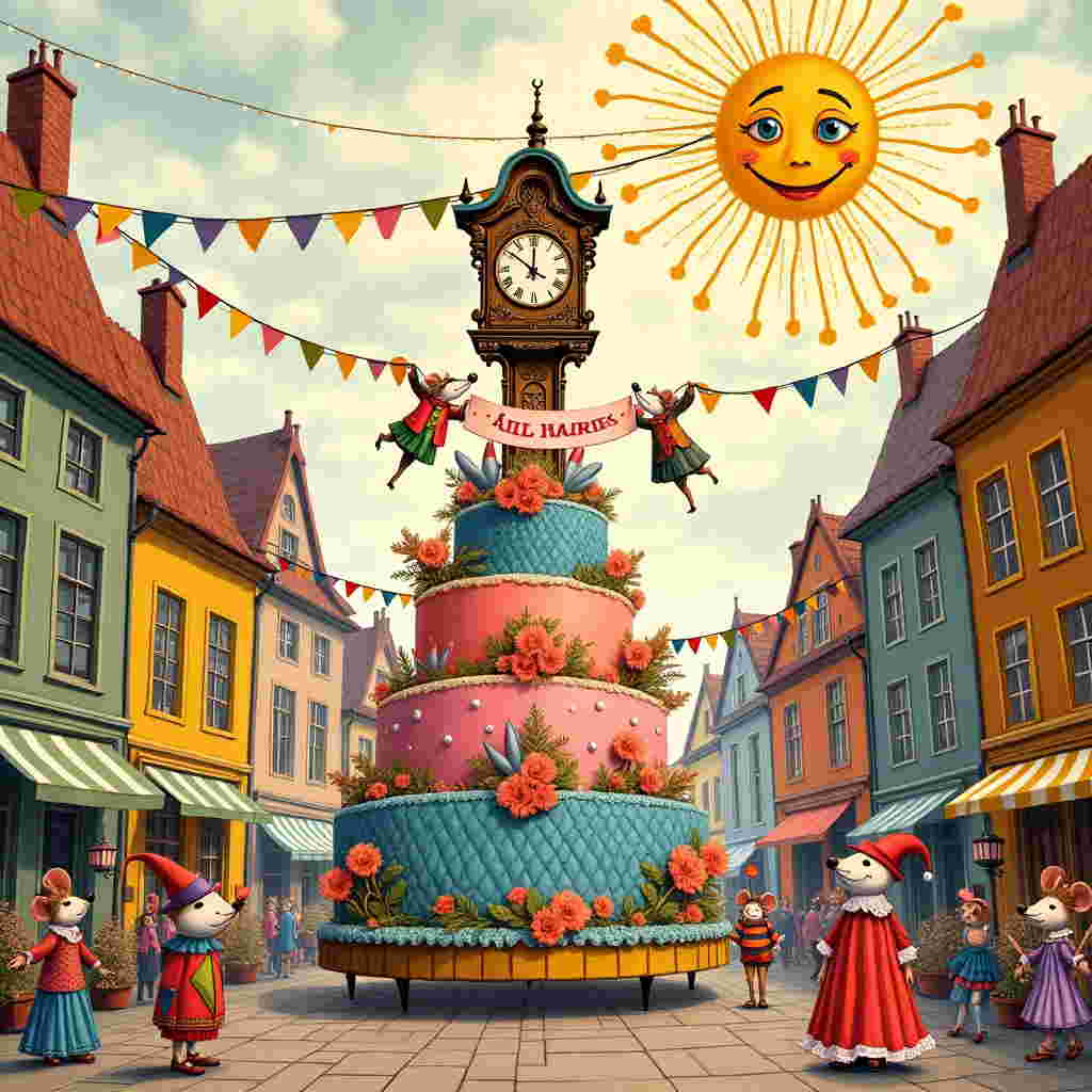 The front cover of the greeting card bursts with whimsical and intricate details reminiscent of a grand festival, inspired by the lively spirit of the Cologne Carnival. Picture a lively street scene in the foreground, echoing with a parade's chaos and charm. 

In the center, a fanciful, hand-drawn float reminiscent of a Rococo cake draped with lush layers of pastel icing and adorned with colorful sugar flowers. The cake-like float is surrounded by costumed revelers, each in extravagant, detailed costumes—there’s a jester with a pointed hat and motley attire, a harlequin with diamond-patterned clothing in rich hues of red, blue, and green, and a stately queen with an ornate, lace-embellished gown in lavender and gold. These figures embody a touch of Beardsley’s intricate linework, yet infused with the playful spirit of Quentin Blake.

The background depicts an old-world street, lined with charmingly crooked, timber-framed houses in a palette of mustard yellows, deep greens, and brick reds. Bright bunting, composed of triangles in every color imaginable, stretches across the scene, adding a sense of vibrancy and movement.

Overhead, a sky scattered with expressive, fluffy clouds drawn in delicate crosshatching reminiscent of Gustave Doré, and tucked between the clouds is a giant, jovial sun, its face drawn with exaggerated features, smiling down on the festivities. Its rays form swirling patterns, bathing the entire scene in warm, golden light.

Amidst the celebration, a comically oversized cuckoo clock hangs off one of the houses, its doors thrown open to reveal a tiny reveler swinging out as if participating in the carnival.

Incorporate the text "Jana" into the illustration by featuring it on a large, hand-painted banner held by two comically small mice in carnival attire at the top of the float. The banner is a playful jumble of bright colors and fancy script, giving it an air of festivity. The intricate, joyous scene captures the essence of a birthday celebration with a Cologne Carnival twist.
Generated with these themes: Cologne Carneval.
Made with ❤️ by AI.