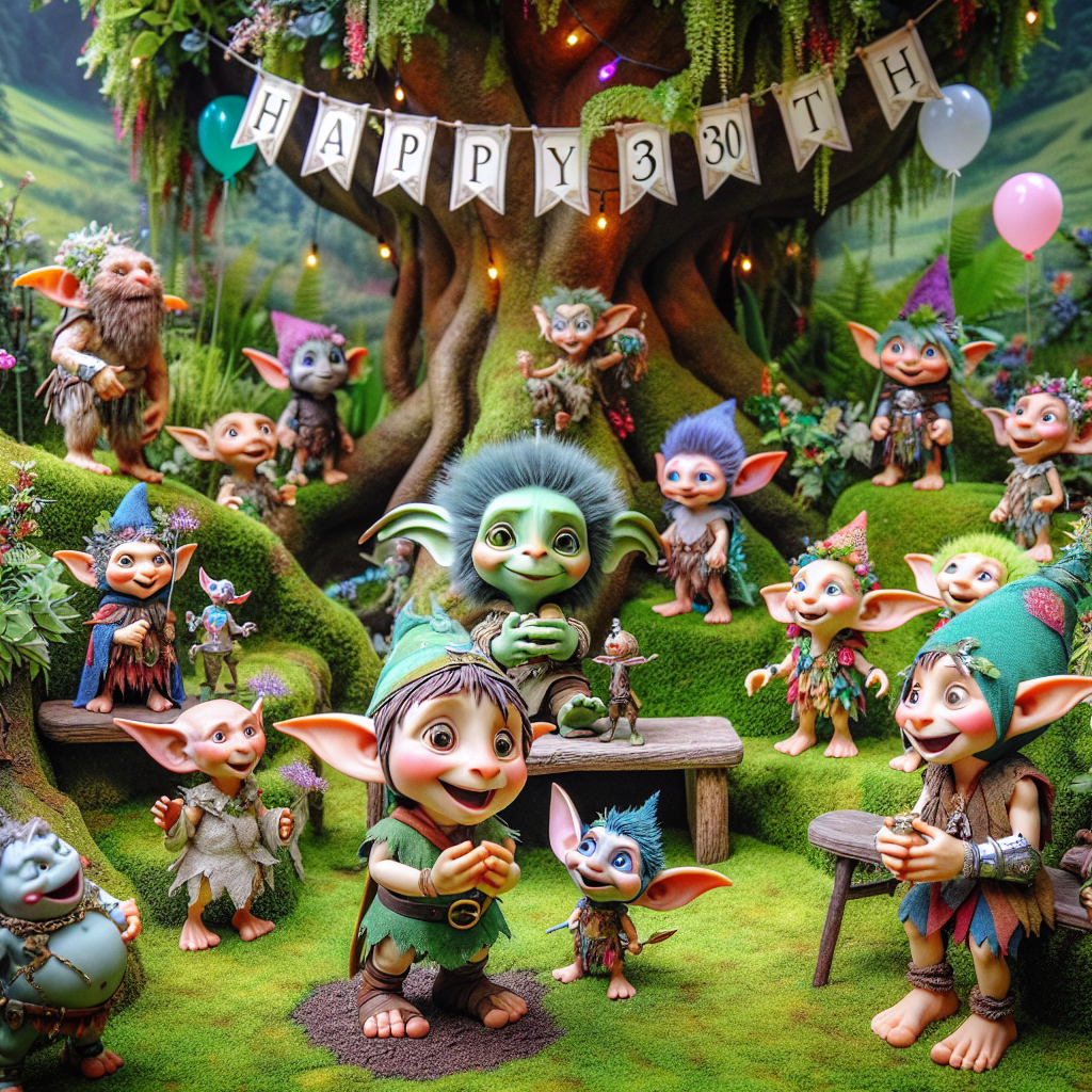 An enchanting 30th birthday scene set in a lush, green, fairytale-like countryside filled with small, unusual and magical creatures celebrating together. These creatures gather around a rustic wooden bench, their diversity vibrant and captivating. A cheerful character with pointed ears, embodying the typical traits of a whimsical short-statured inhabitant of these lands, clutches in their hands a miniature figure of a small warrior, displaying it in delight. The festive atmosphere is enhanced by colorful balloons bobbing in the air, and a banner saying 'Happy 30th' hanging from the standout tree, aptly named the Party Tree.
Generated with these themes: 30th Birthday, Pokemon, Lord of the rings, Hobbit, A bench, and Warhammer .
Made with ❤️ by AI.