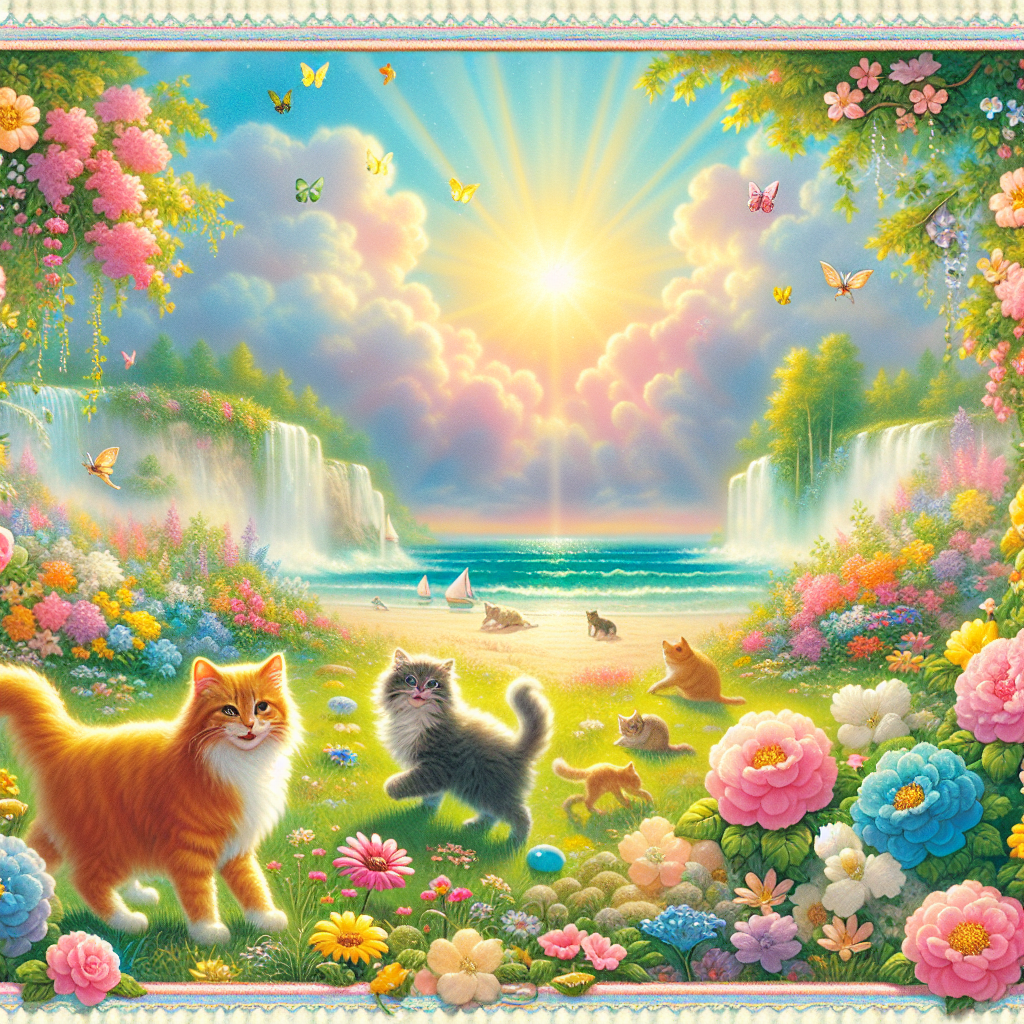Visualize a quaint birthday scenario where the serene aura of a peaceful setting is captured, highlighted by a palette of pastel shades of pink, blue, green, and yellow. The warm sunshine seeps through fluffy clouds, casting a delightful radiance over a tranquil beach. Within this harmonious landscape, a ginger cat and a grey fluffy cat can be seen playfully romping among a variety of vibrant flowers and lush meadows. Off in the distance, the rhythmic croaking of frogs can be heard, enhancing the scene with their charming sounds, completing this picturesque tableau.
Generated with these themes: Ginger cat, Grey fluffy cat, Flowers and meadows, Sunshine, Pastel colours pink, blue, green & yellow, The beach, Frogs, and Clouds.
Made with ❤️ by AI.