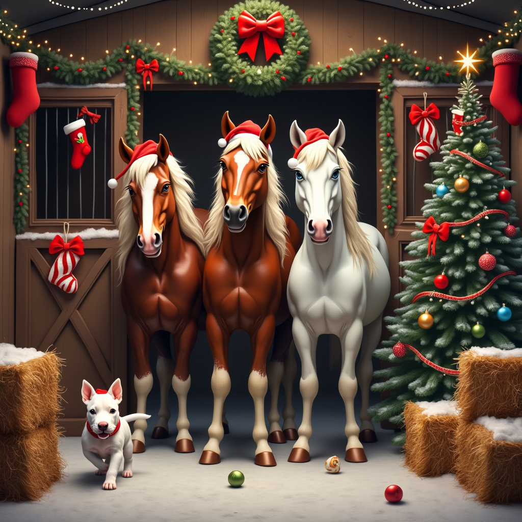 In a cozy, snow-dusted barn, festively adorned with twinkling string lights and vibrant red and green garlands, a whimsical Christmas gathering unfolds. In the center, a chestnut horse with four high white stockings and a distinctive blaze stands next to a paint horse with a striking white face and mesmerizing big blue eyes. They are both adorned with Santa hats that comically sit askew on their heads. The chestnut horse with the flaxen mane and tail, also sporting a big blaze, peeks through the stable door with a curious look, its mane almost glowing under the soft fairy lights hanging above. At their feet, a white-faced Pit bull puppy with enchanting green eyes and a red collar with a tiny silver bell prances around excitedly, chasing after a rolling ornament.

Surrounding the scene, hay bales are stacked, creating a rustic backdrop, each decorated with festive bows and holly. A Christmas tree stands proudly in the corner, decked with horse-shaped ornaments, candy canes, and strands of popcorn. Stockings hang on the stable doors, one with a bone for the puppy and others with carrots for the horses. The ground is lightly sprinkled with fake snow, adding a touch of winter magic. Above, a large wreath with a bright red bow hangs, completing the festive atmosphere. The whole scene captures a joyful, quirky Christmas celebration, where the horses and puppy share in the holiday cheer.
Generated with these themes: Chestnut horse with 4 white  high stockings and a blaze, Paint  horse with a white face and big blue eyes, A chestnut horse with flaxen mane and tail and big blaze, and White faced Pit bull puppy with green eyes.
Made with ❤️ by AI.