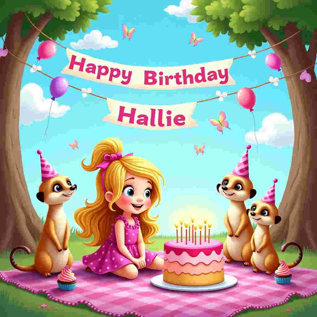 In this delightful cartoon birthday scene, imagine a whimsical picnic setting under a clear blue sky, where fluffy clouds have been playfully arranged to spell "Happy Birthday Hallie" in a dreamy script. At the heart of the scene, a joyful five-year-old girl named Hallie, with long, flowing blond hair tied up with a vibrant pink ribbon, is seated on a pink and purple checkered picnic blanket. She's wearing a frilly dress, predominantly pink with purple polka dots, adorned with tiny bows. Surrounding her, a troupe of three cheeky meerkats, each wearing tiny party hats in shades of pink and purple, stand on their hind legs with bright, curious eyes, looking at Hallie with admiration and excitement. A colorful birthday cake with five lit candles sits prominently on the picnic blanket, its frosting a swirl of pink and purple hues. A scattering of cupcakes, each topped with miniature figures of meerkats, add an extra touch of fun. In the background, a banner strung between two tall trees gently flutters in the breeze, its message also celebrating Hallie's special day. The trees are decorated with pink and purple balloons, and butterflies with iridescent wings flit playfully around. All elements come together to create an enchanting and vibrant birthday celebration that perfectly captures the essence of Hallie's big day.
Generated with these themes: 5 year old girl, Long blond hair, Meerkats, Picnic, Very Girly, Pink and purple, and .
Made with ❤️ by AI.