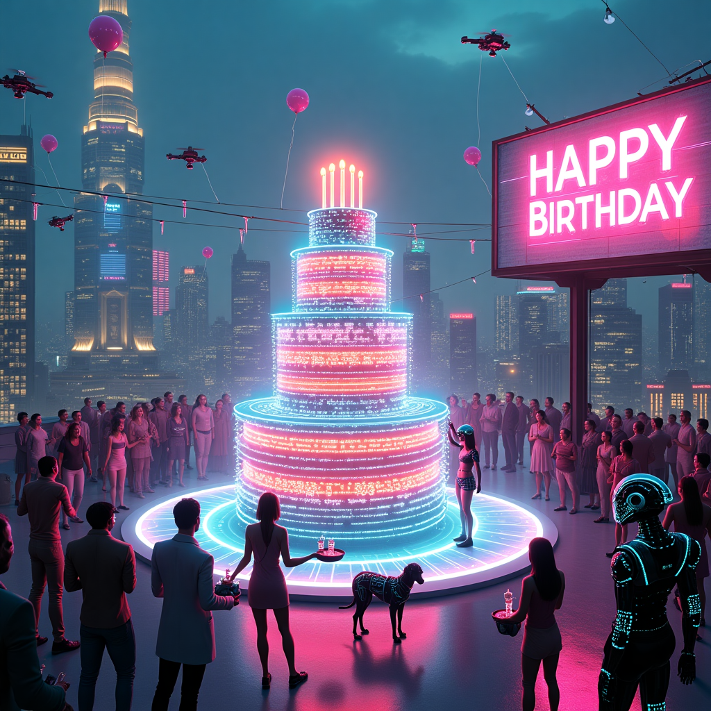 Cyberpunk birthday party with cakes and hats Birthday Card
