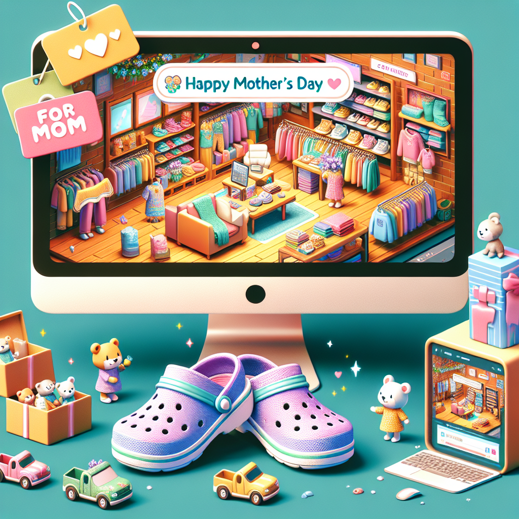 Create a digital illustration of a quaint scene designed to celebrate Mother's Day. The foreground features a cheerful pair of pastel-colored Crocs sitting next to an onscreen computer, exhibiting a festive screensaver that reads 'Happy Mother's Day'. In the rest of the image, animate a lively scene inside a vibrant, cartoon-style boutique. The shop is teeming with various miniature animal characters who are enthusiastically rummaging through racks of clothing. Attached to each garment is a little gift tag that reads 'For Mom', filling the scene with an anticipatory thrill of finding the perfect outfit for a beloved mother.
Generated with these themes: Crocs , Computer , and Clothes shopping.
Made with ❤️ by AI.