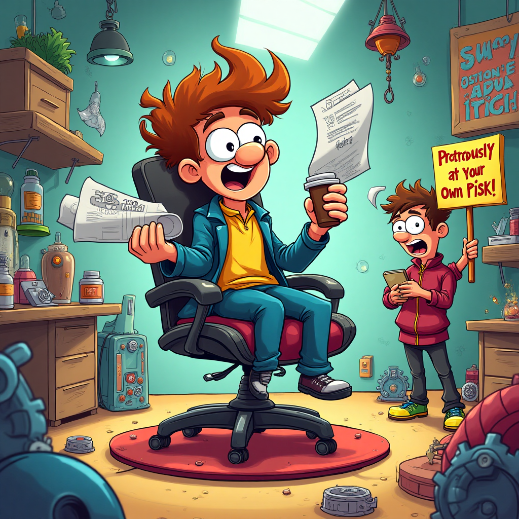### Image Prompt

At the top of the Cartoon Style image, write the text: "You figure it out".

**Scene Description:** 

Picture a vibrant, bustling workshop filled with cartoon characters in a frenzy of creativity. In the center, a character resembling Anthony, depicted as a quirky, wide-eyed inventor with a wild tuft of hair, is perched atop a spinning office chair. He's juggling blueprints, a laptop, and a cup of coffee, all while his chair whirls like a merry-go-round. The floor is strewn with colorful gears, springs, and lightbulbs, symbolizing wild ideas and chaotic inspiration.

Nearby, a character with an exaggeratedly bemused expression holds a sign that reads, "Seriously, who even cares?", adding a layer of cheeky humor to the scene. In the background, a whimsical poster pinned to the wall says, "Prototype Zone: Enter at Your Own Risk!" in bold, playful lettering.

The overall image bursts with bright colors, from the characters’ vibrant attire to the rainbow-hued gadgets littered around. Everything is drawn with thick outlines and exaggerated proportions, ensuring a light-hearted and humorous vibe.
Generated with these themes: Hey anthony hope you are well, i am spinning up a stupid prototype who would care about this , and .
Made with ❤️ by AI.
