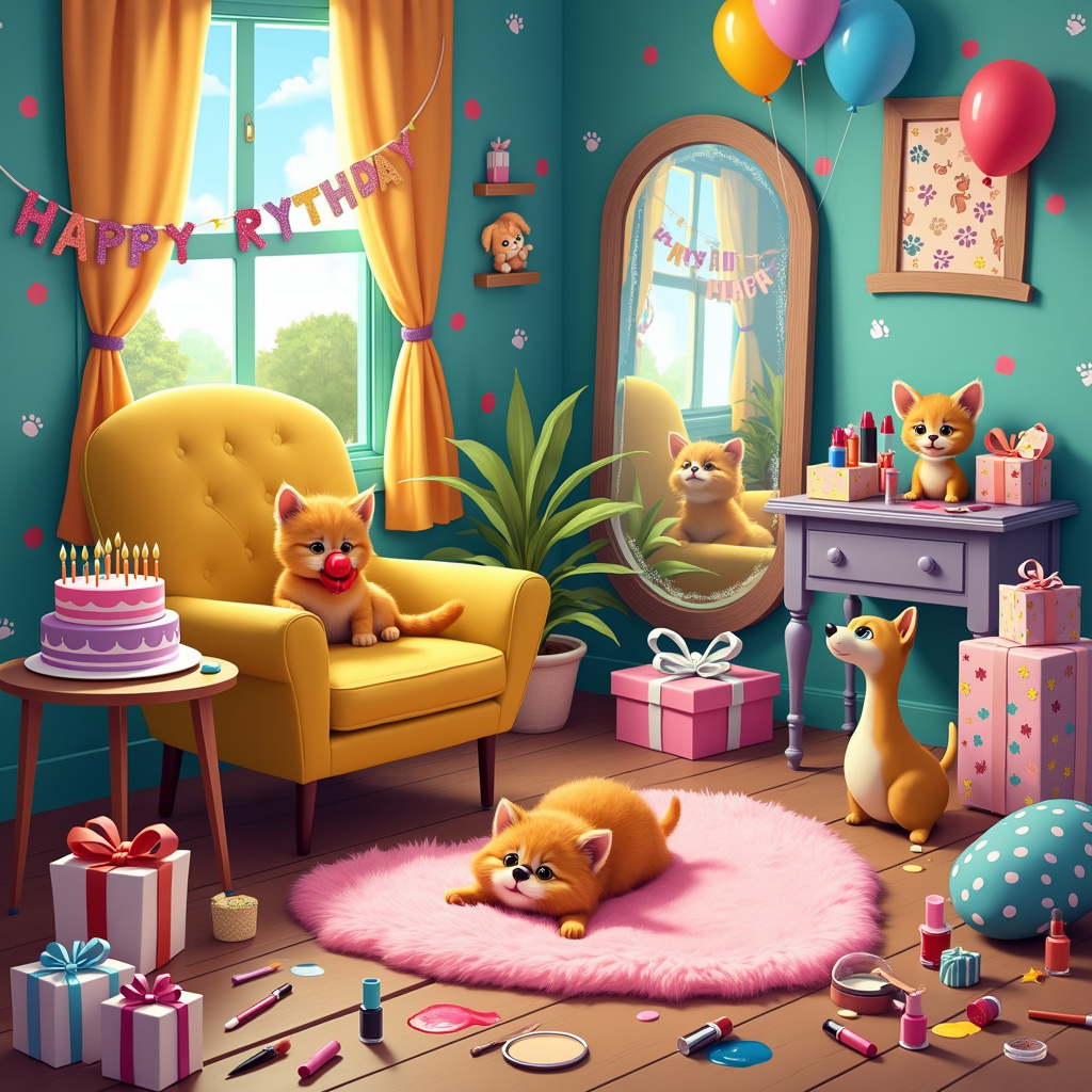 Imagine a vibrant, whimsical birthday scene, set in a colorful and slightly chaotic living room. In the center of the scene, we have a large, comfy armchair upholstered in bright polka dots. Sprawled across the armchair is a playful orange tabby kitten, wearing oversized red lipstick like a clown smile. Beside the armchair, on a fluffy, heart-shaped pink rug, a small, adorable puppy with floppy ears is trying to apply blue eyeshadow using a miniature makeup brush. 

Scattered across the floor are various makeup items: tubes of lipstick in bold colors, an open compact of blush with a fluffy brush beside it, and several spilled bottles of nail polish creating little puddles of color. The wallpaper behind them is covered in whimsical drawings of lipstick tubes, paw prints, and stars, creating a playful background.

On the side table next to the armchair, there's a birthday cake with multiple layers, each a different pastel color, adorned with candles shaped like tiny paw prints. A large, decorative mirror is mounted on the wall above the side table, and reflected in it, you can see another kitten trying to put on mascara, its face hilariously smeared with makeup.

There’s also a coffee table cluttered with gifts wrapped in shiny paper and bows. One of the presents is half-opened, revealing a set of glittery nail polishes and tiny brushes perfect for the little paws. In the background, you can see a festive banner strung up between two windows, reading "Happy Purr-thday!" in colorful, playful letters. 

Each window has curtains with a pattern of cartoon puppies and kittens playing with makeup. Outside the window, you can see a garden with a few more kittens and puppies eagerly peeking inside, as if waiting their turn to join the fun.

Above all, balloons in the shapes of kittens and puppies float around the room, adding to the festive atmosphere. This scene is a perfect blend of playful chaos and birthday joy, capturing the essence of fun and creativity inspired by the masters of cartoon art.
Generated with these themes: Make up, Kittens, and Puppies .
Made with ❤️ by AI.