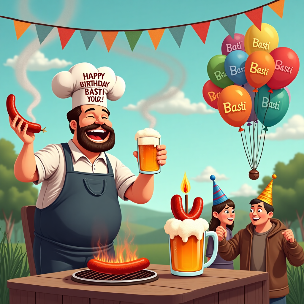 In the foreground of this quirky birthday card scene, there's a jubilant man with a hearty laugh, holding a sizzling sausage in one hand and a frothy glass of beer in the other. He's wearing a comically oversized chef's hat that reads "Grill Master Extraordinaire" in bold letters. Behind him is an extravagant barbecue setup, with a charcoal grill that's sending up wisps of smoke, creating playful shapes in the sky, one of which spells out "Happy Birthday Basti" in a puff of smoke. 

The barbecue is surrounded by colorful birthday decorations. There's a string of party lights zigzagging above, interspersed with tiny flags spelling out "Basti" in vibrant colors. On the table next to the grill, there’s a birthday cake in the shape of a beer mug, complete with bubbly icing to mimic the foam, and a giant sausage cleverly inserted as a candle. Around the table are animated guests, each wearing goofy party hats, clinking their mugs together in celebration. A cluster of balloons, each one printed with a different expression of birthday wishes, floats cheerfully in the background, tethered to a chair. This whimsical scene captures the essence of a barbecue birthday bash with a playful twist, centered around the beloved recipient, "Basti".
Generated with these themes: A men with a sausage and with a Glass of Beer in Hand , Barbecue , and Birthday Party .
Made with ❤️ by AI.
