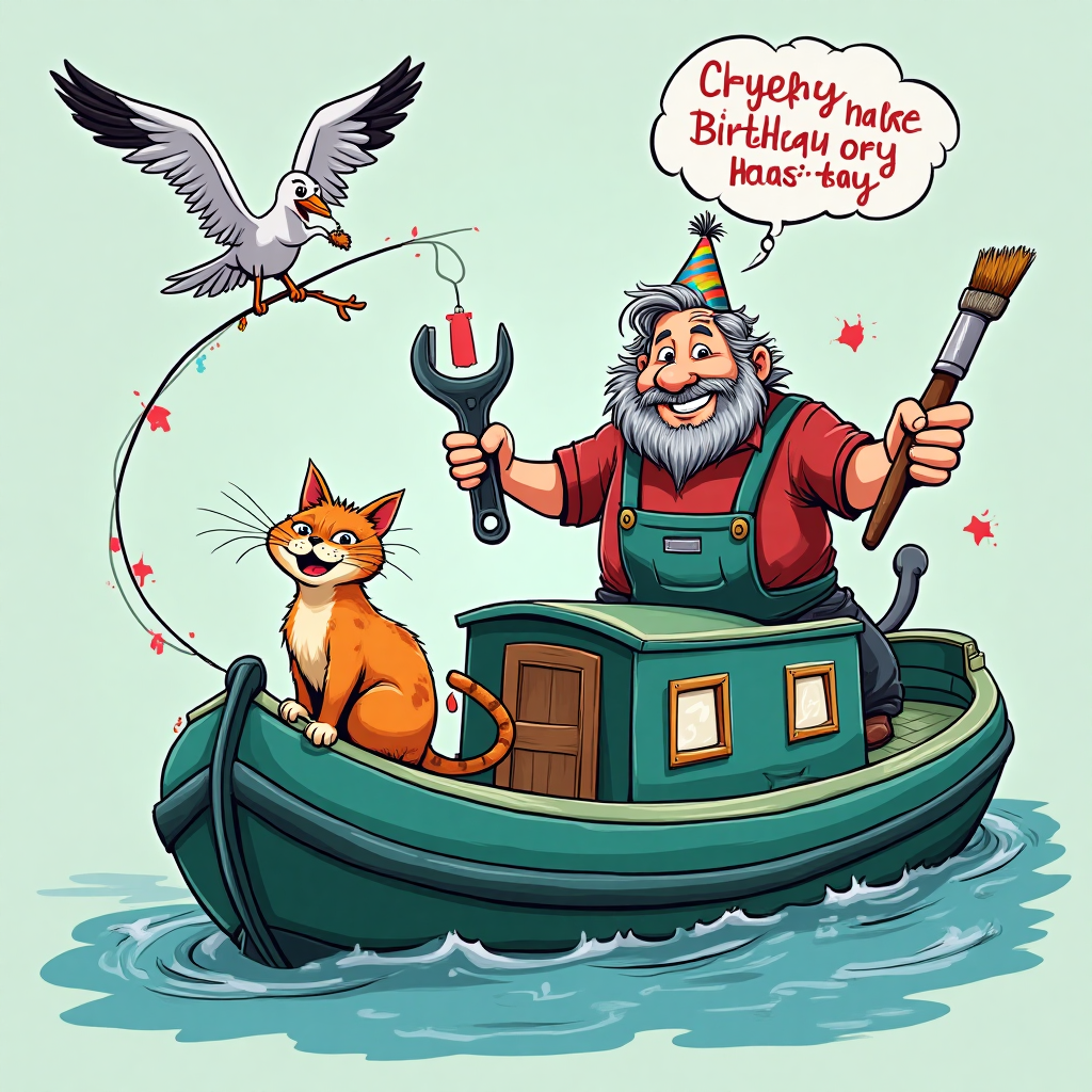 Teal narrow boat, calico cat, grey haired man with trimmed beard holding tools, and Birthday Card