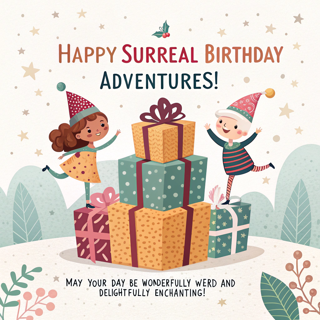 At the top of the card, "Happy Surreal Birthday Adventures!":

At the bottom, in smaller, equally whimsical font, add "May Your Day Be Wonderfully Weird and Delightfully Enchanting!"

- In the center of the card, illustrate two elves on the shelf: one with brown skin and one with white skin. They are whimsically perched on oversized, glittering birthday presents that are stacked in a topsy-turvy manner. The presents are wrapped in vibrant, mismatched patterns of polka dots and stripes.

- Both elves have cheeky grins, with one holding a tiny balloon animal and the other balancing a slice of birthday cake on their head, defying gravity.

- Surrounding the elves, create a flurry of colorful birthday decorations: floating balloons in unexpected shapes like fish and shoes, and a banner that reads "Celebrate the Unusual!"

- In the background, depict the iconic North Pole with a surreal twist: candy cane street lamps bending in playful loops, a shimmering ice castle with penguins wearing party hats, and a moonlit sky with stars that twinkle in the shapes of birthday candles.

- Santa, with an amused expression, is seen lounging on a crescent moon, sipping hot cocoa from a mug that has "Cheers to the Odd and Magical!" written on it, adding to the enchanting atmosphere.

- The entire scene is bathed in a whimsical, otherworldly glow, capturing the essence of a birthday celebration in a surreal and magical North Pole.
Generated with these themes: Brown skin boy elf on the shelf , White skin boy elf on the shelf, Birthday decoration at north pole , and Santa .
Made with ❤️ by AI.