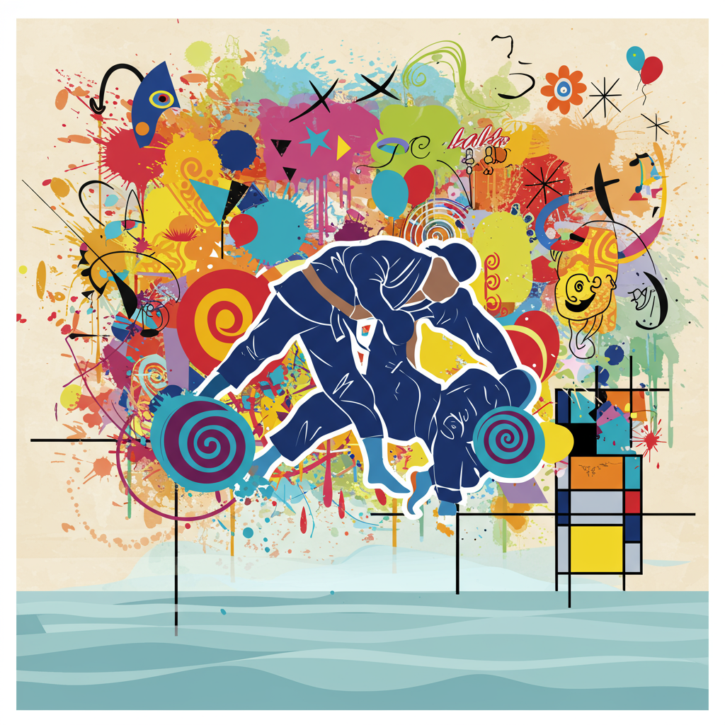 Front and center, imagine a dynamic composition of abstracted jiu-jitsu figures in motion, their limbs forming a whirlwind of geometric shapes reminiscent of a Kandinsky painting. The figures are not literal, but rather suggested through overlapping circles, triangles, and spirals, each in bold, contrasting colors like cobalt blue, fiery red, and sunshine yellow, echoing Mondrian’s primary color palette but with a twist of fluidity.

The background is a Pollock-inspired tapestry of energetic paint splatters and drips in a spectrum of colors, giving a sense of action and spontaneity. Amidst the chaos, there are rectangular blocks of color, akin to Rothko’s work, layered subtly to create a sense of depth and rhythm.

In the top right corner, a collection of Miró-esque abstract symbols—stars, eyes, and organic forms—dance playfully, adding a whimsical touch. These symbols are rendered in bright lime green and electric orange, standing out vividly against the splattered background.

The ground is a checkerboard of de Stijl-influenced gridlines in black and white, grounding the composition with a touch of structured chaos. This echoes Malevich's Suprematism, where pure abstraction is combined with a hint of recognizable form.

Overlaying everything are dynamic, twisting lines and scribbles reminiscent of Twombly's work, drawn in vibrant magenta and turquoise, suggesting movement and the fluid grace of jiu-jitsu techniques.

Incorporated subtly into the scene, as if painted with an abstract touch, are hints of a birthday cake and balloons, constructed from basic shapes—a circular cake with linear candles shooting upwards, triangular slices suggestively removed, and balloons as floating ovals with long, wavy lines as strings.

This entire visual cacophony is set against a serene, pastel-toned horizon at the bottom of the card, perhaps a nod to Agnes Martin’s minimalist grids, providing a peaceful foundation to the otherwise exuberant scene.
Generated with these themes: Jui jitsu.
Made with ❤️ by AI.