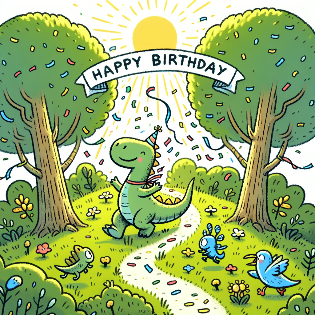 An illustration of a whimsical scene in a forest clearing brightly lit by sunshine. A cartoonish dinosaur, joyfully making its way on a winding trail, is adorned with a celebratory birthday ribbon. It's accompanied by an enthusiastic group of bugs and birds in its wake. Overhead, confetti appears to be gently raining down upon the scene, further adding to the festive atmosphere. Two trees stand in the background, serving as supports for a banner reading 'Happy Birthday', thereby lending a heartwarming element to this outdoor birthday celebration.
Generated with these themes: Dinosaur, Walking , and Outdoors.
Made with ❤️ by AI.